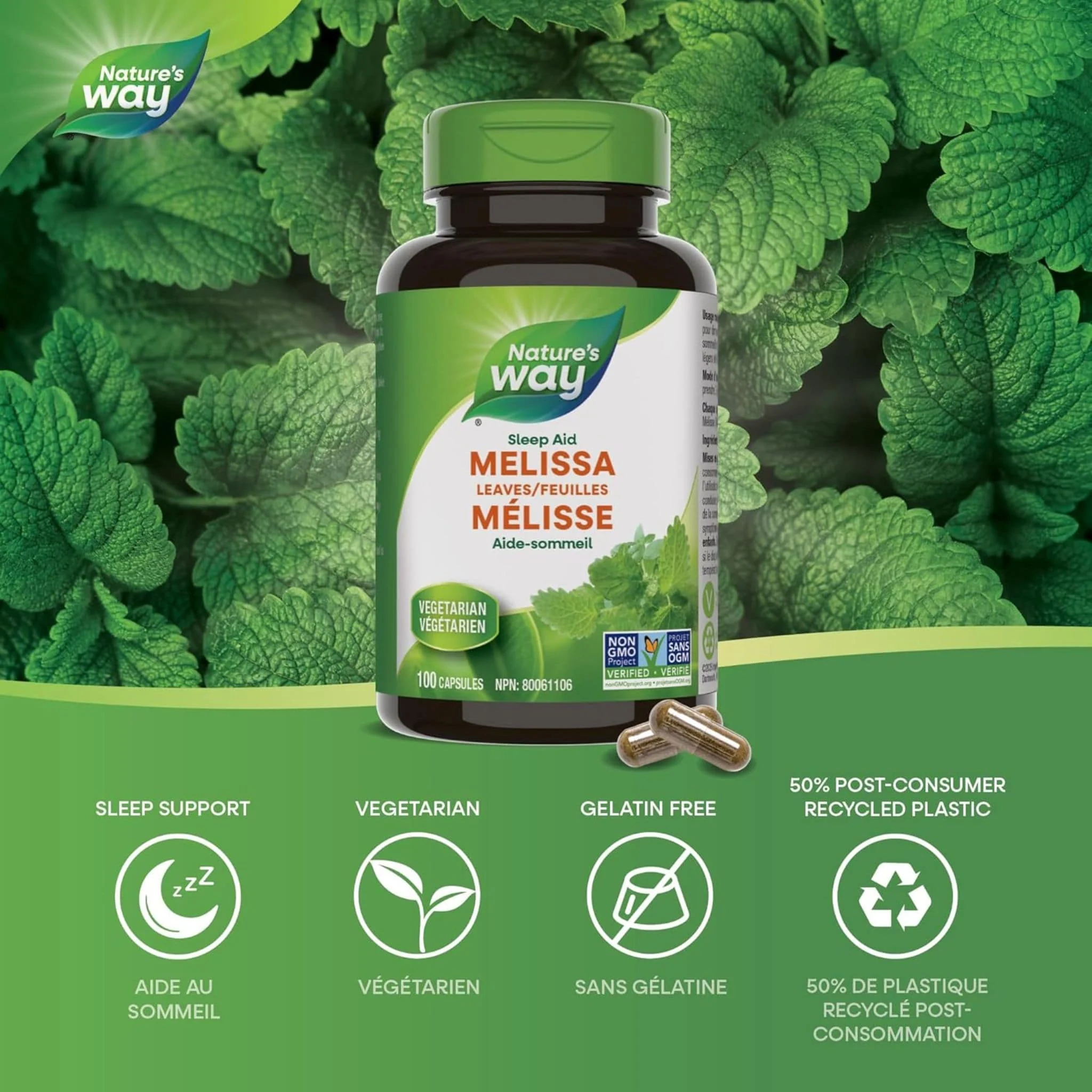 Nature's Way Melissa Leaves 500mg, Lemon Balm, 100 Vegetable Capsules - Image 3