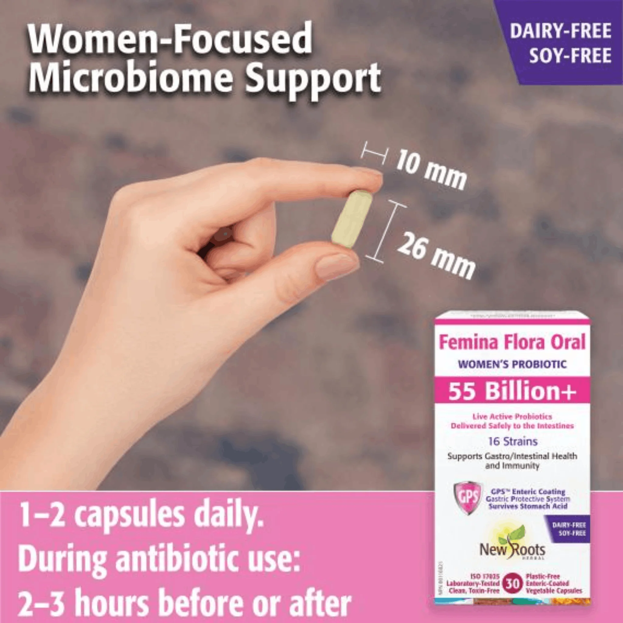 New Roots Femina Flora Oral, Women's Probiotic, 55 Billion CFU, 16 Strains, Gut, Digestive & Vaginal Flora Support, 30 Enteric Capsules - Image 3
