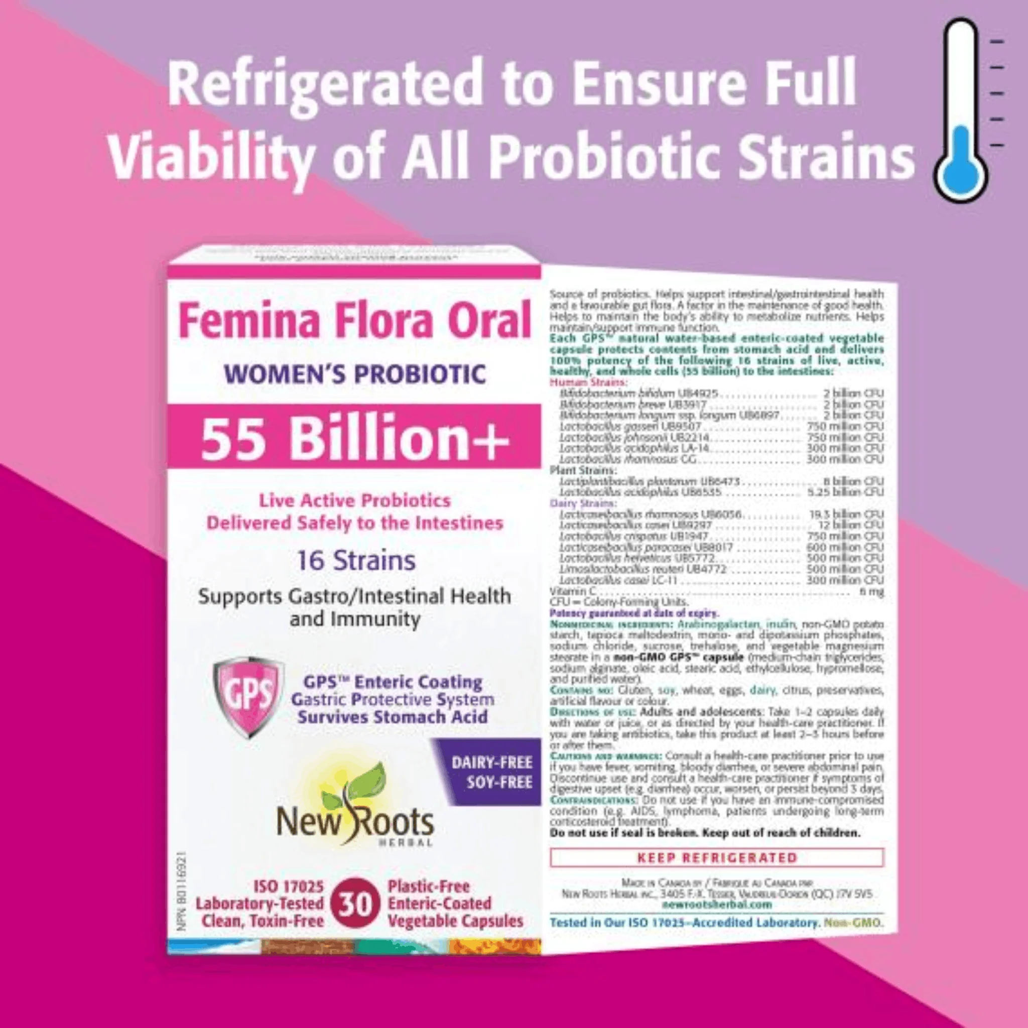 New Roots Femina Flora Oral, Women's Probiotic, 55 Billion CFU, 16 Strains, Gut, Digestive & Vaginal Flora Support, 30 Enteric Capsules - Image 4