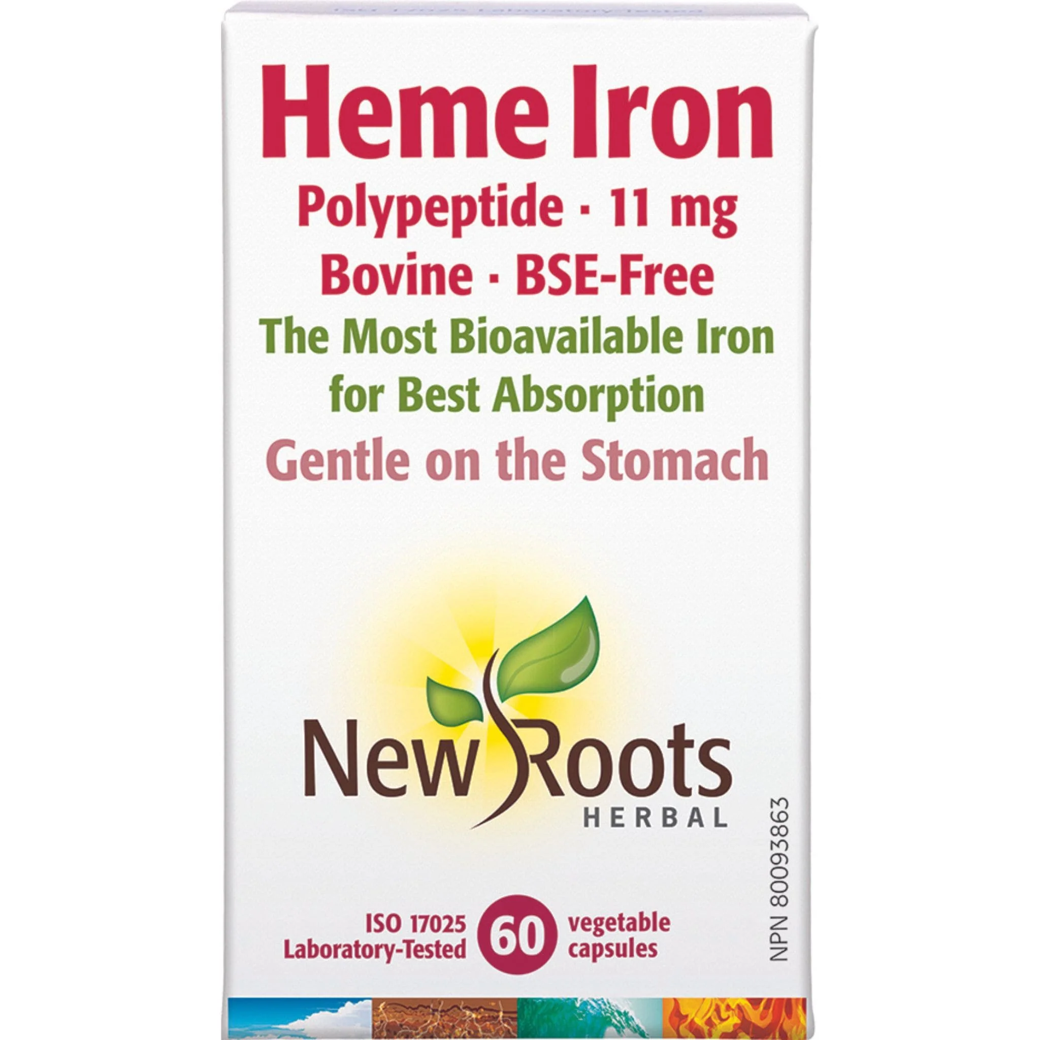 New Roots Heme Iron, Polypeptide 11mg, Bovine-Sourced, 30-60 Vegetable Capsules - Image 2
