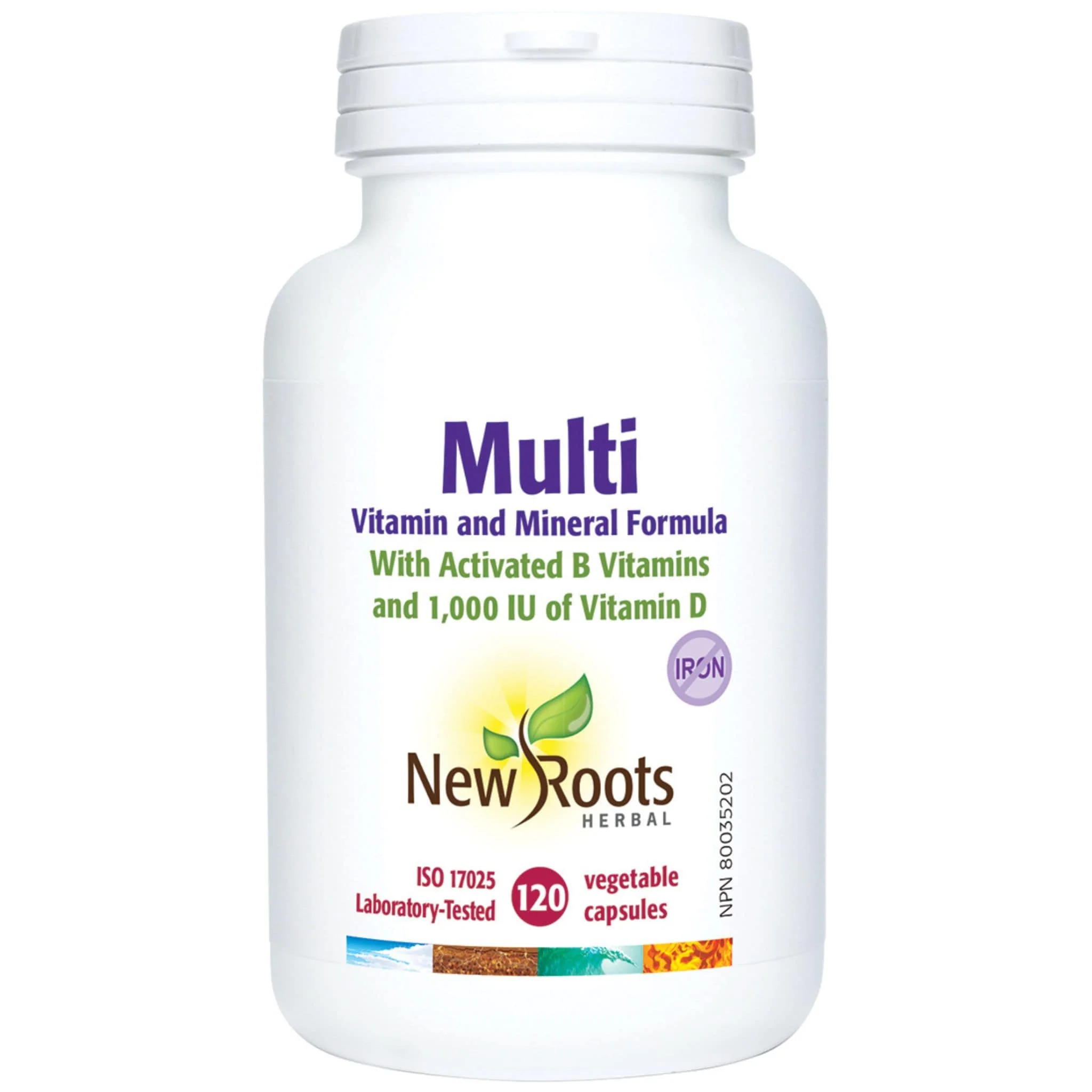 New Roots Multivitamin and Mineral, Iron-Free, with Activated B Vitamins and 1000IU of Vitamin D, Vegetable Capsules - Image 2