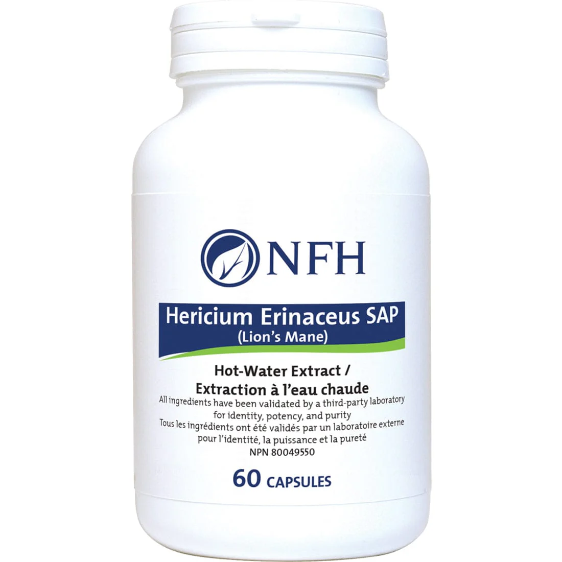 NFH Hericium Erinaceus SAP, Lion's Mane 500mg, Hot-water Extract, 60 Capsules