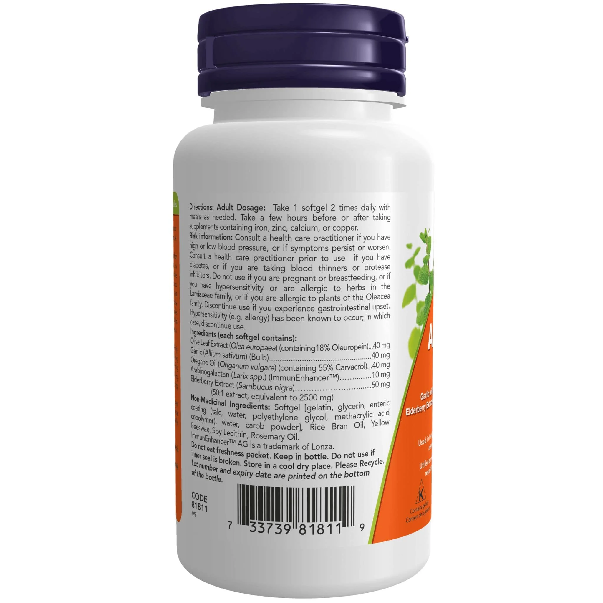NOW Allibiotic CF Immune Support, Garlic with Olive Leaf, Allicin, Elderberry and Oregano Oil, 60 Softgels - Image 3