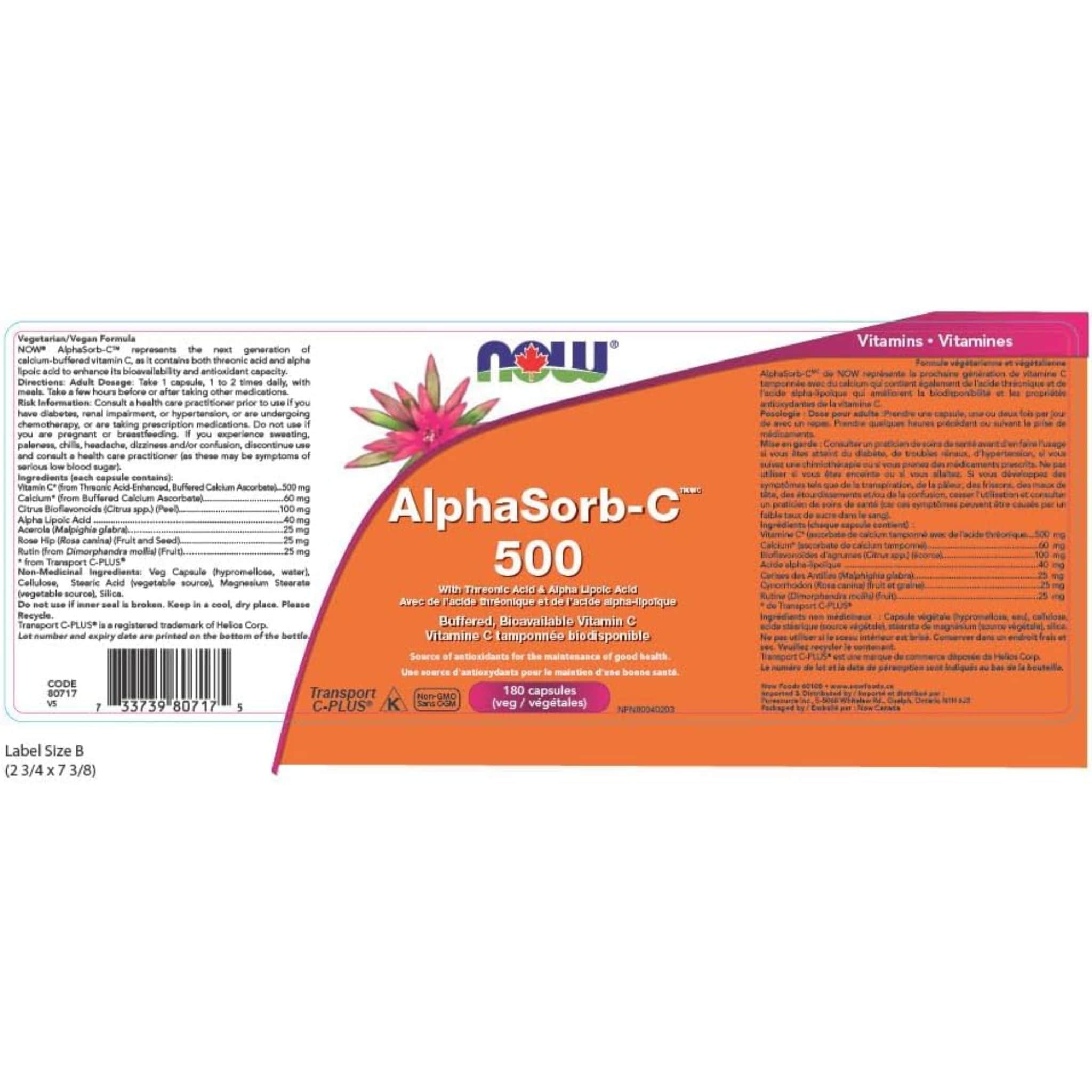 NOW AlphaSorb C 500mg with Bioflavonoids, Buffered Bioavailable Vitamin C, 180 Vegetable Capsules - Image 3