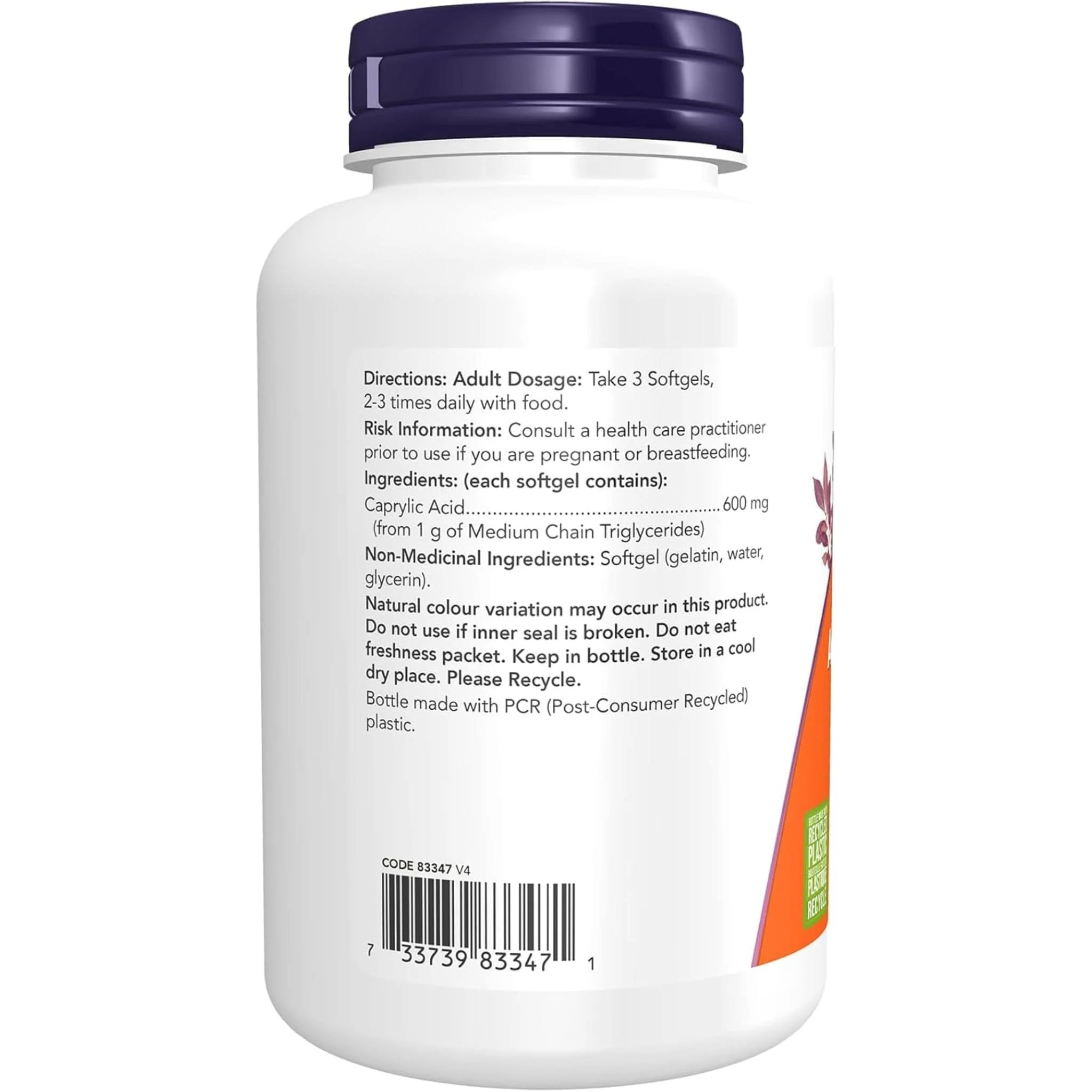 NOW Caprylic Acid 600mg, 100 Softgels - Image 2