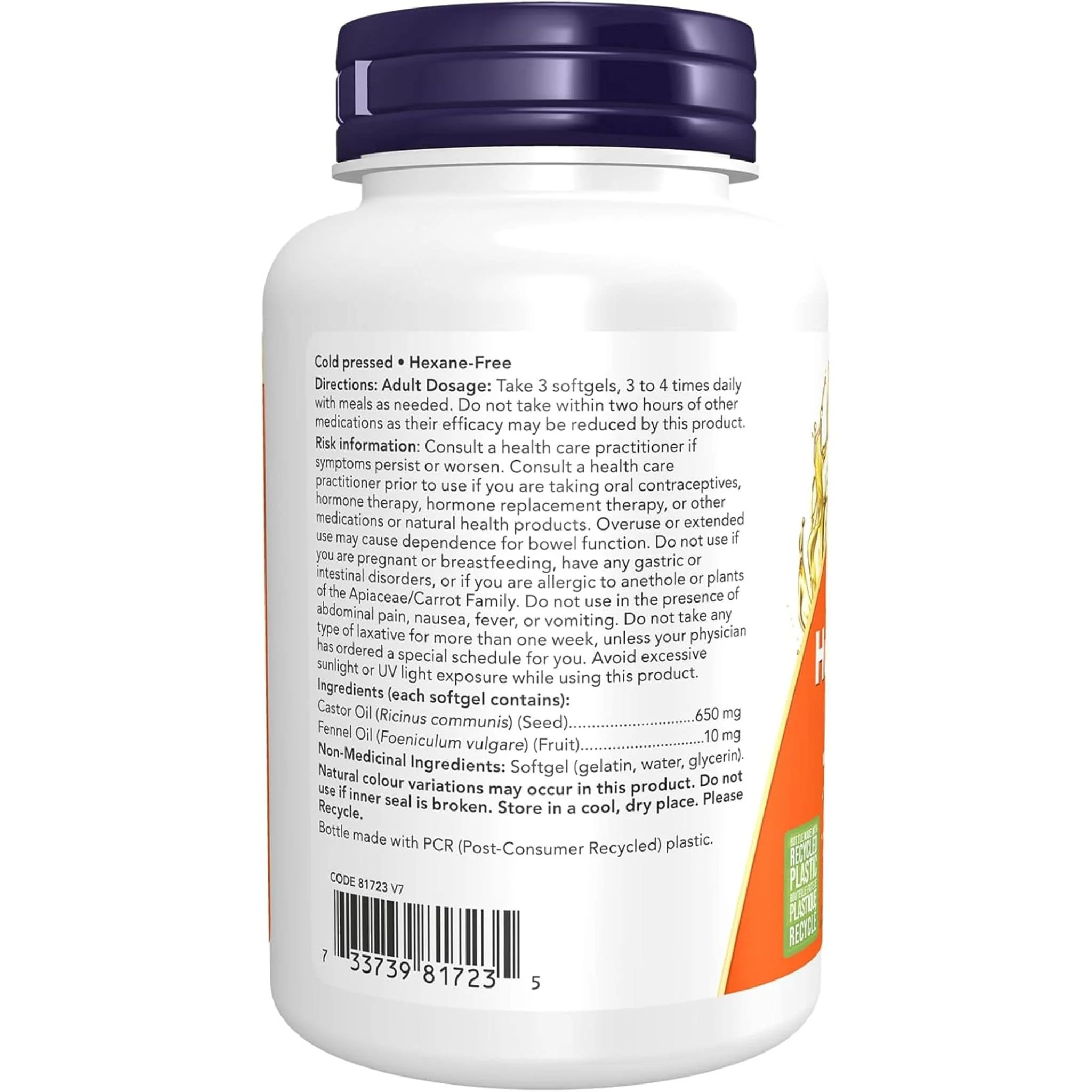 NOW Castor Oil, 650mg with Fennel, 120 Softgels - Image 2