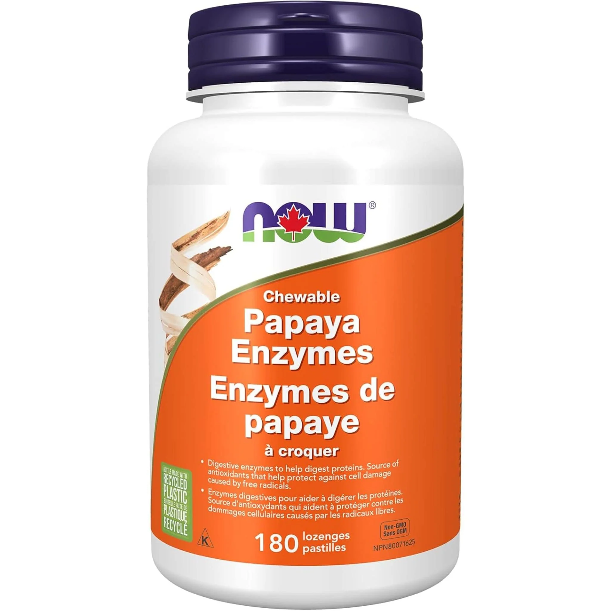 NOW Chewable Papaya Enzymes with Mint and Chlorophyll, Digestive Support, 180 Chewable Lozenges