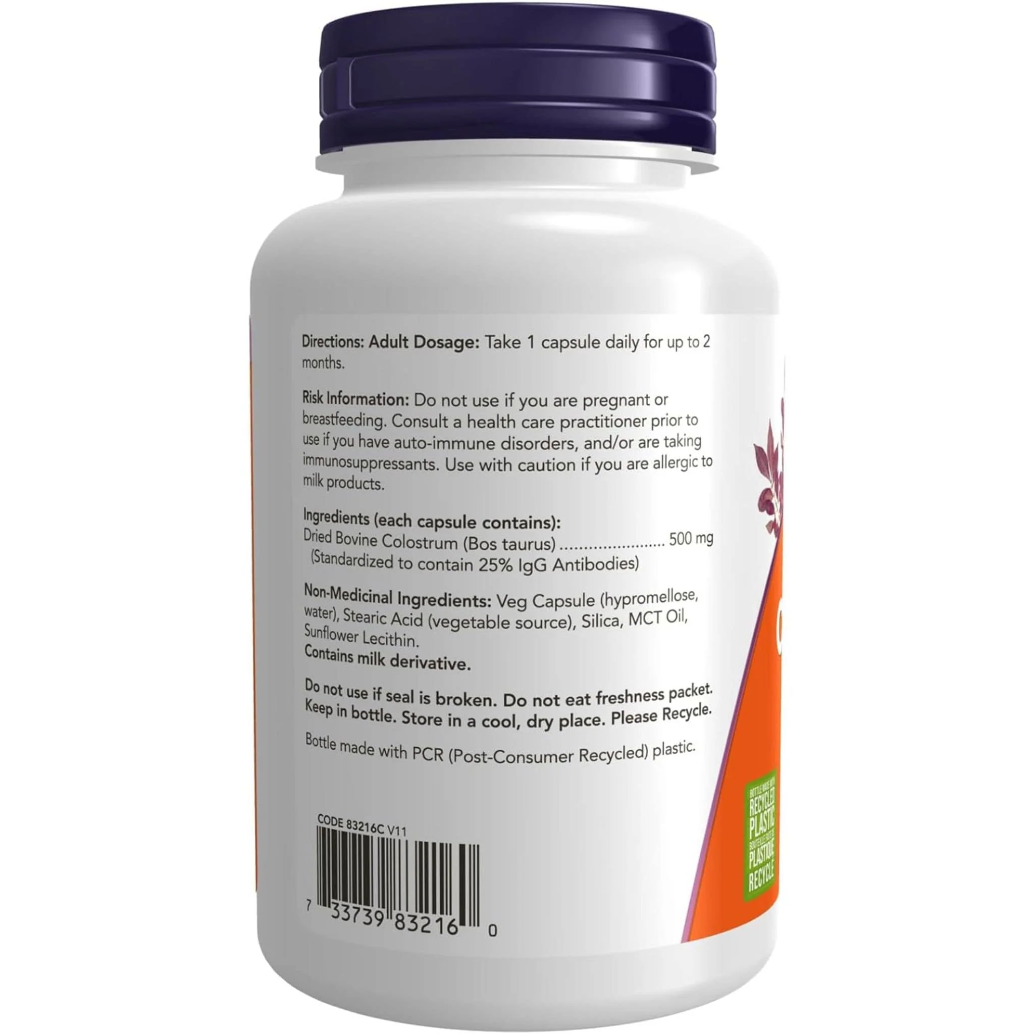 NOW Colostrum 500mg, 120 Capsules - Image 3