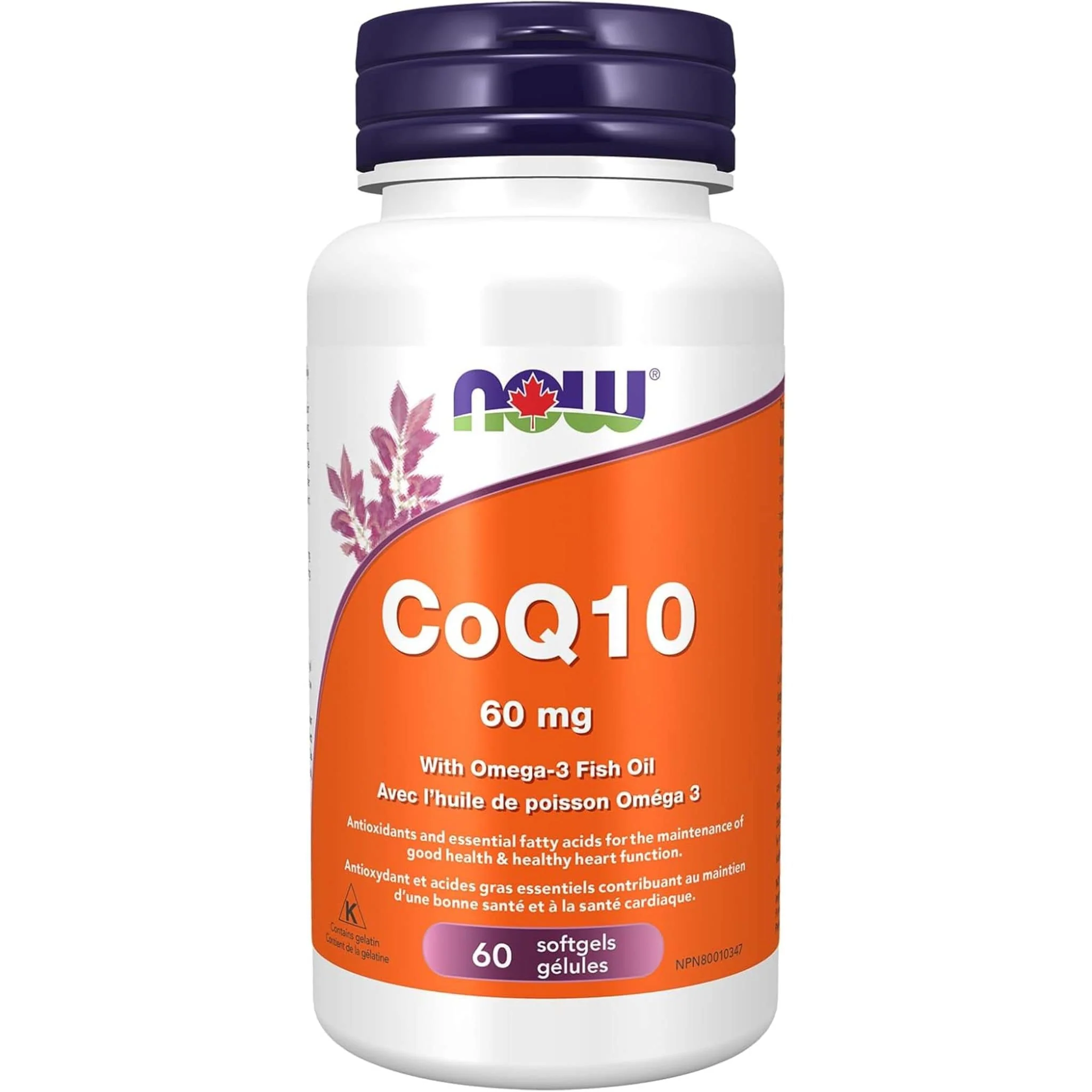 NOW CoQ10 60mg with Lecithin and Omega-3 Fish Oil, Supports Cardiovascular Health, 60 Softgels
