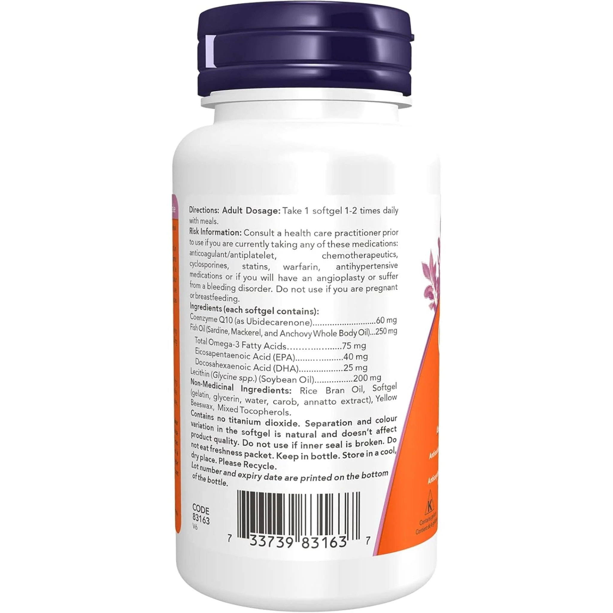 NOW CoQ10 60mg with Lecithin and Omega-3 Fish Oil, Supports Cardiovascular Health, 60 Softgels - Image 3