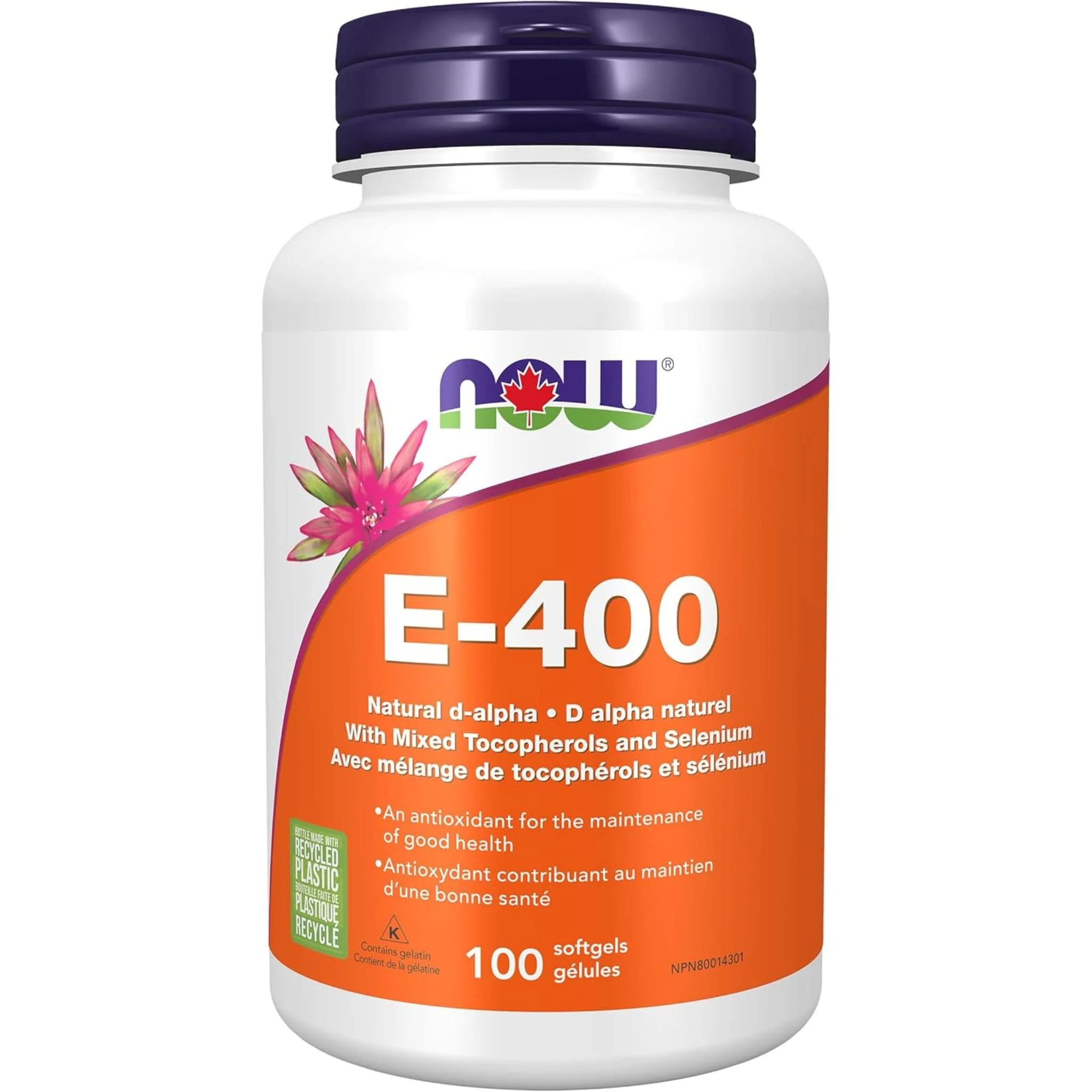 NOW E400 (400IU), d-alpha with +20% Mixed Tocopherols & Selenium (100mcg), 100 Softgels - Image 2