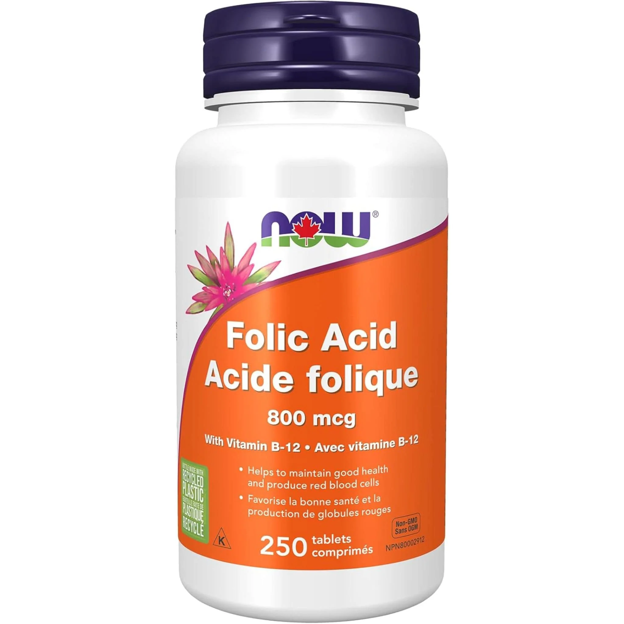 NOW Folic Acid (800mcg) with Vitamin B12 (25mcg), 250 Tablets - Image 2