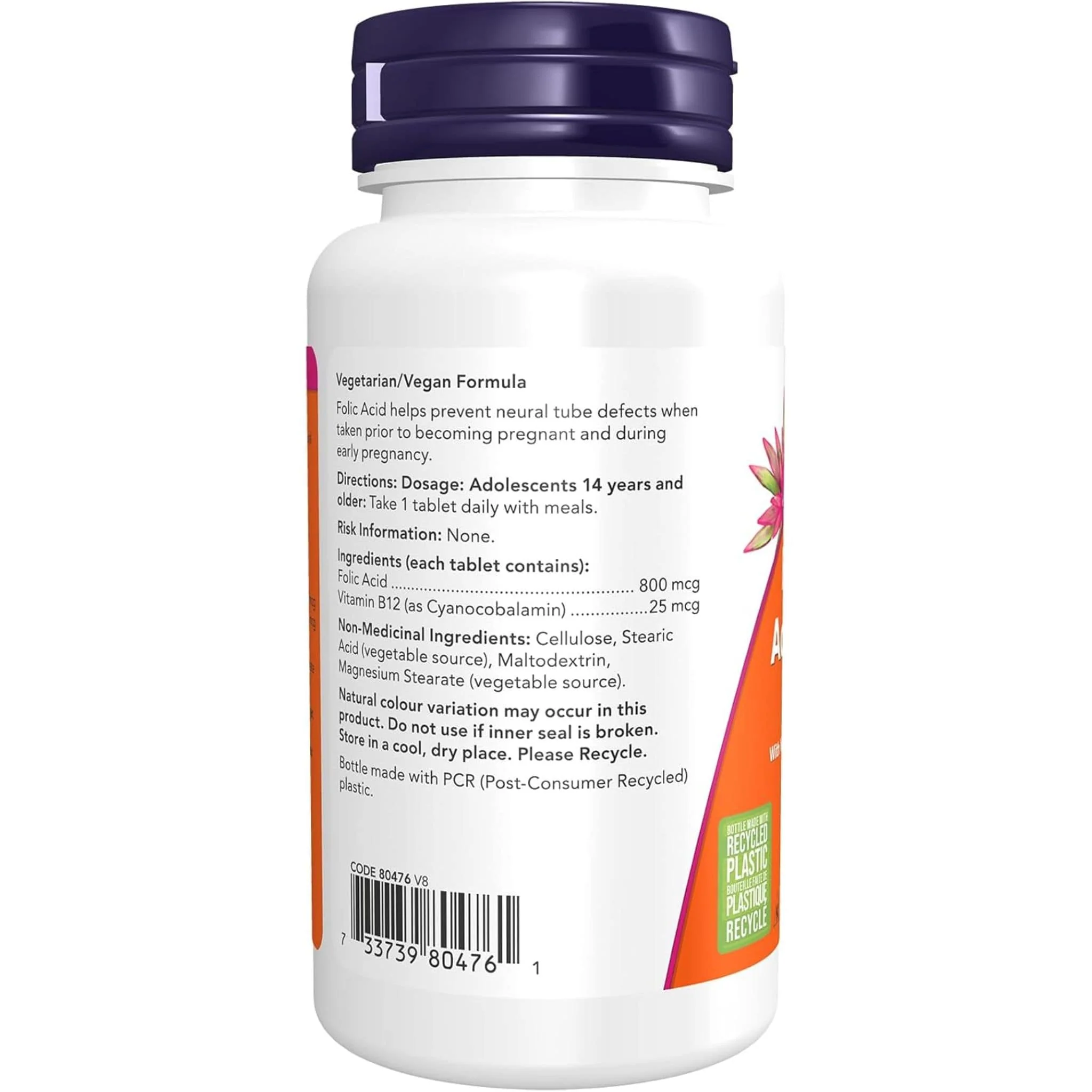 NOW Folic Acid (800mcg) with Vitamin B12 (25mcg), 250 Tablets - Image 3