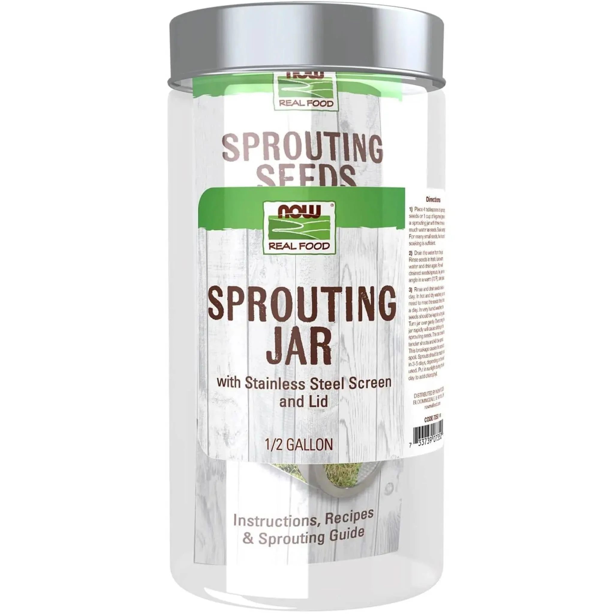 NOW Glass Sprouting Jar with Steel Mesh Lid, 1.89L