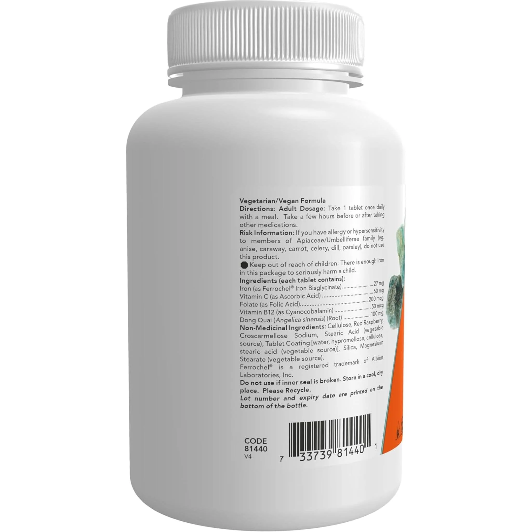 NOW Iron Complex (Ferrochel Chelated Iron Bisglycinate 27mg), 100 Tablets - Image 4