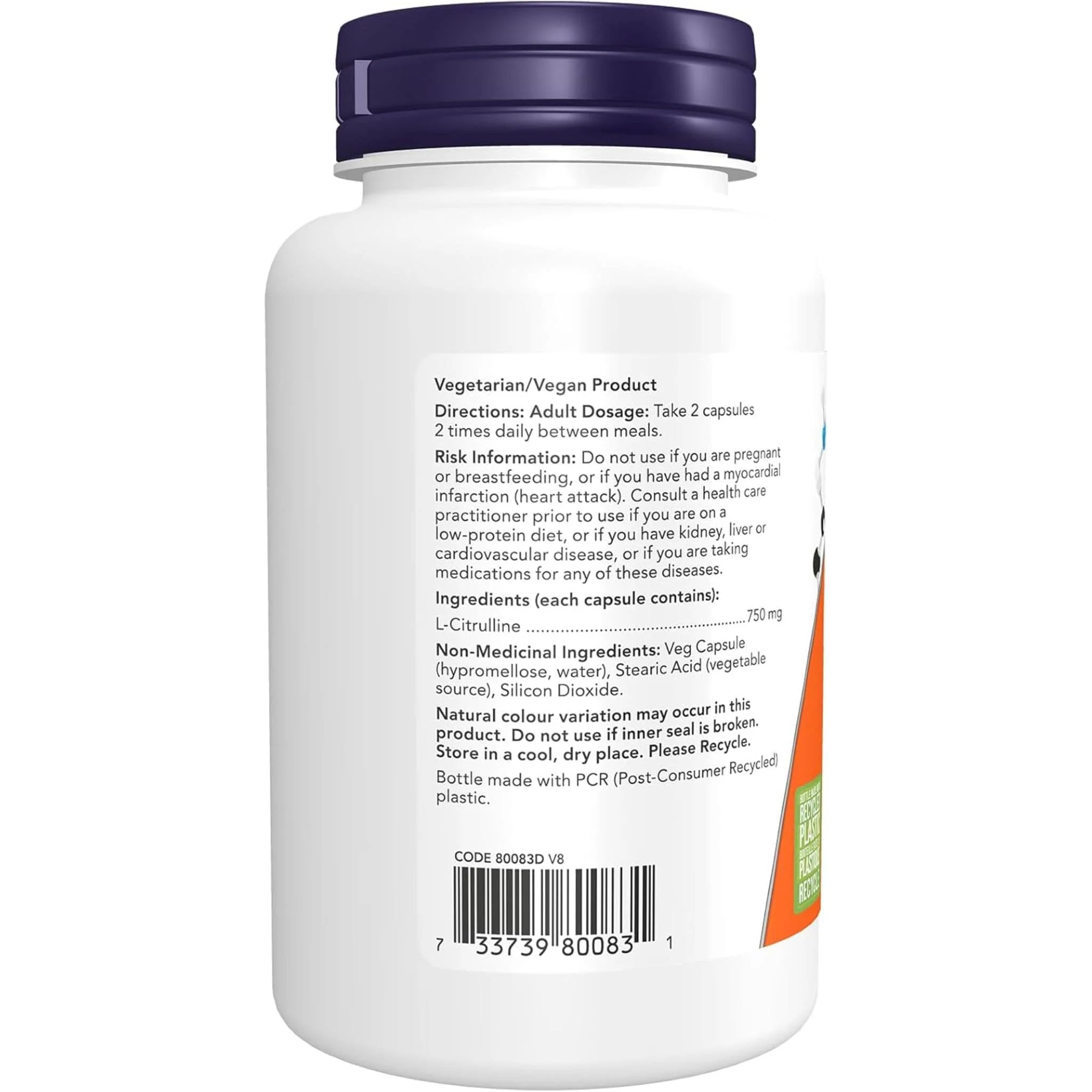 NOW L-Citrulline 750mg, 90 Vegetable Capsules - Image 3