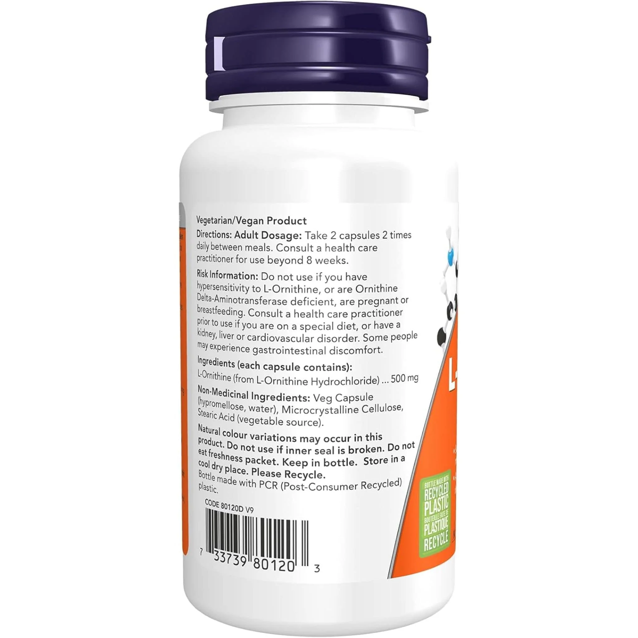 NOW L-Ornithine 500mg Capsules - Image 3