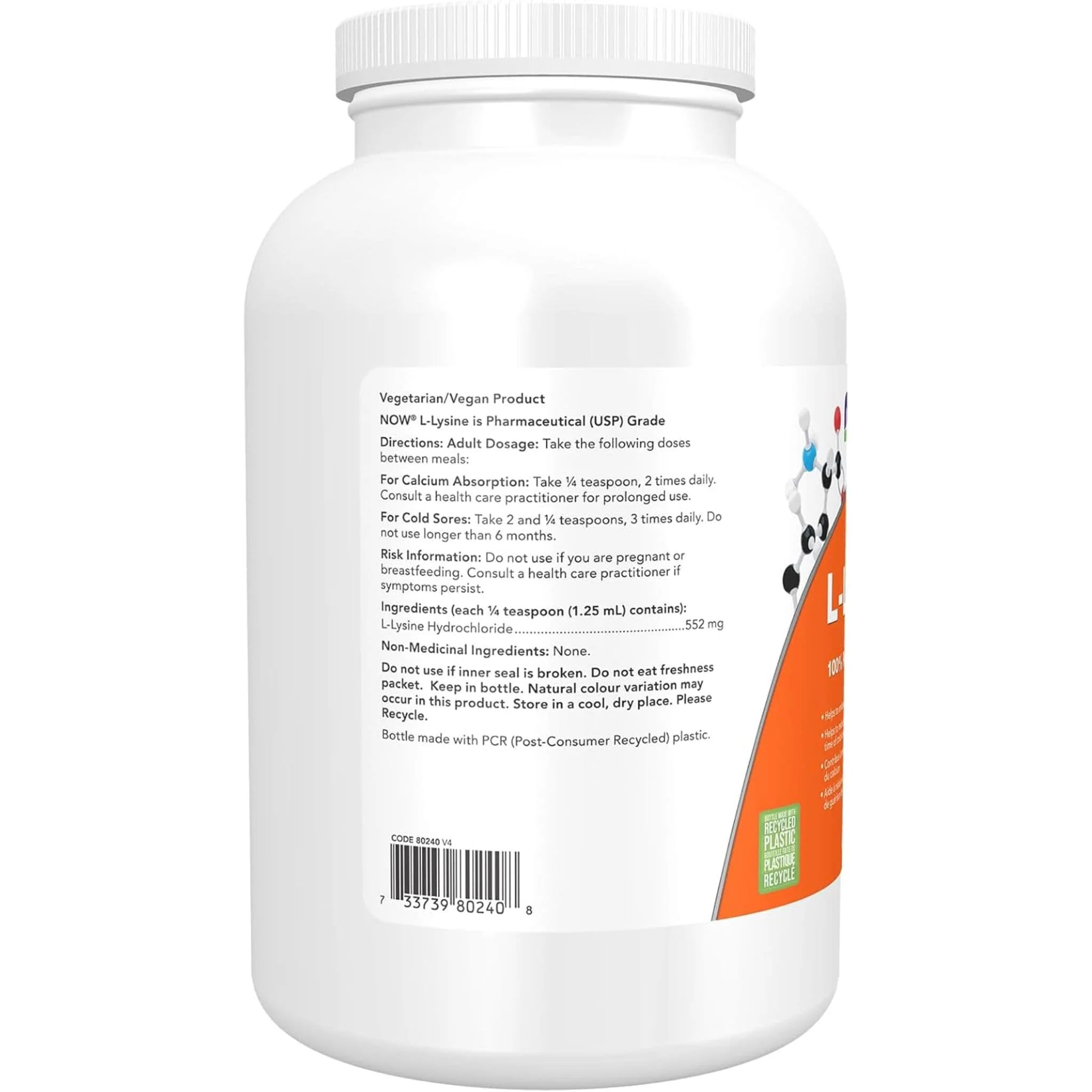 NOW L-Lysine Powder (100% Pure), 454g - Image 3