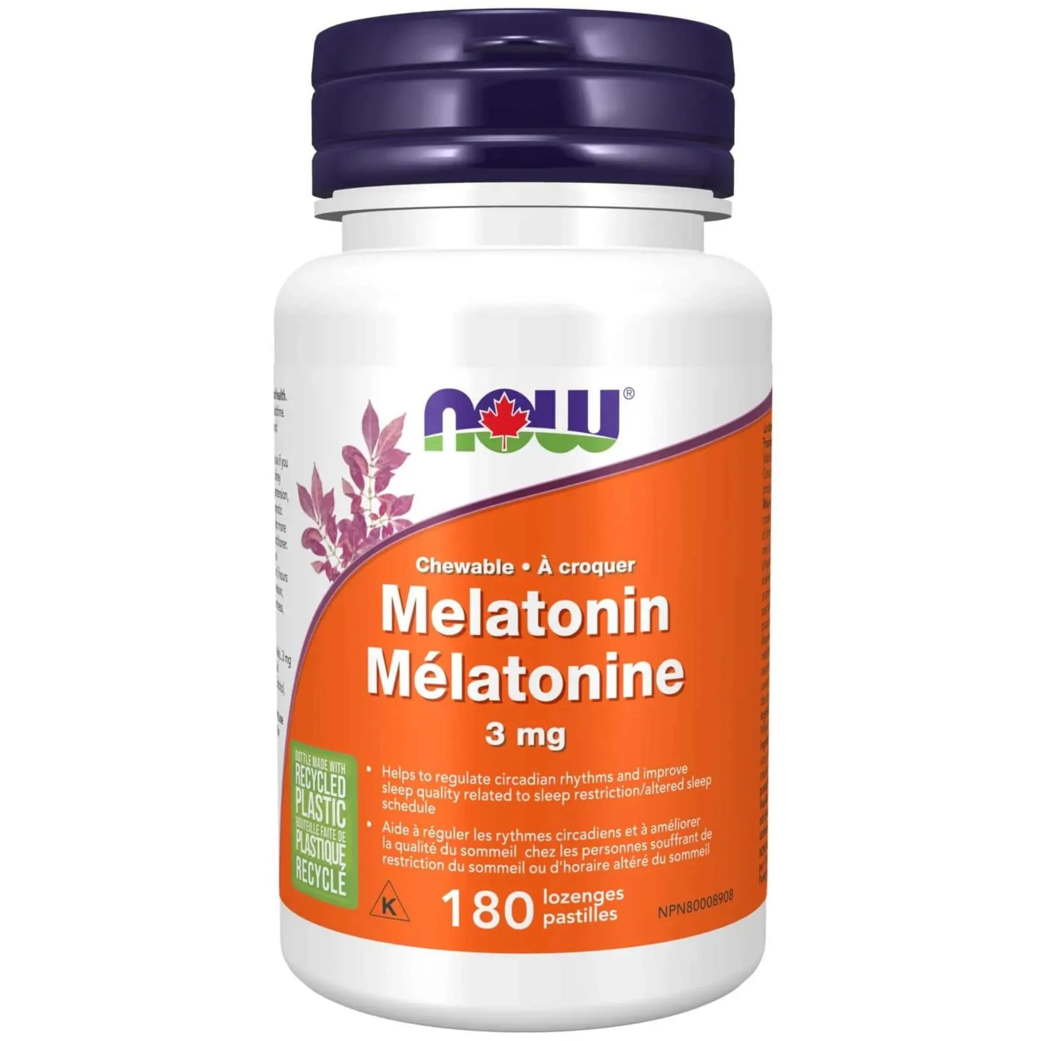 NOW Chewable Melatonin 3mg with Vitamin B6, Peppermint Flavoured Chewable Lozenges