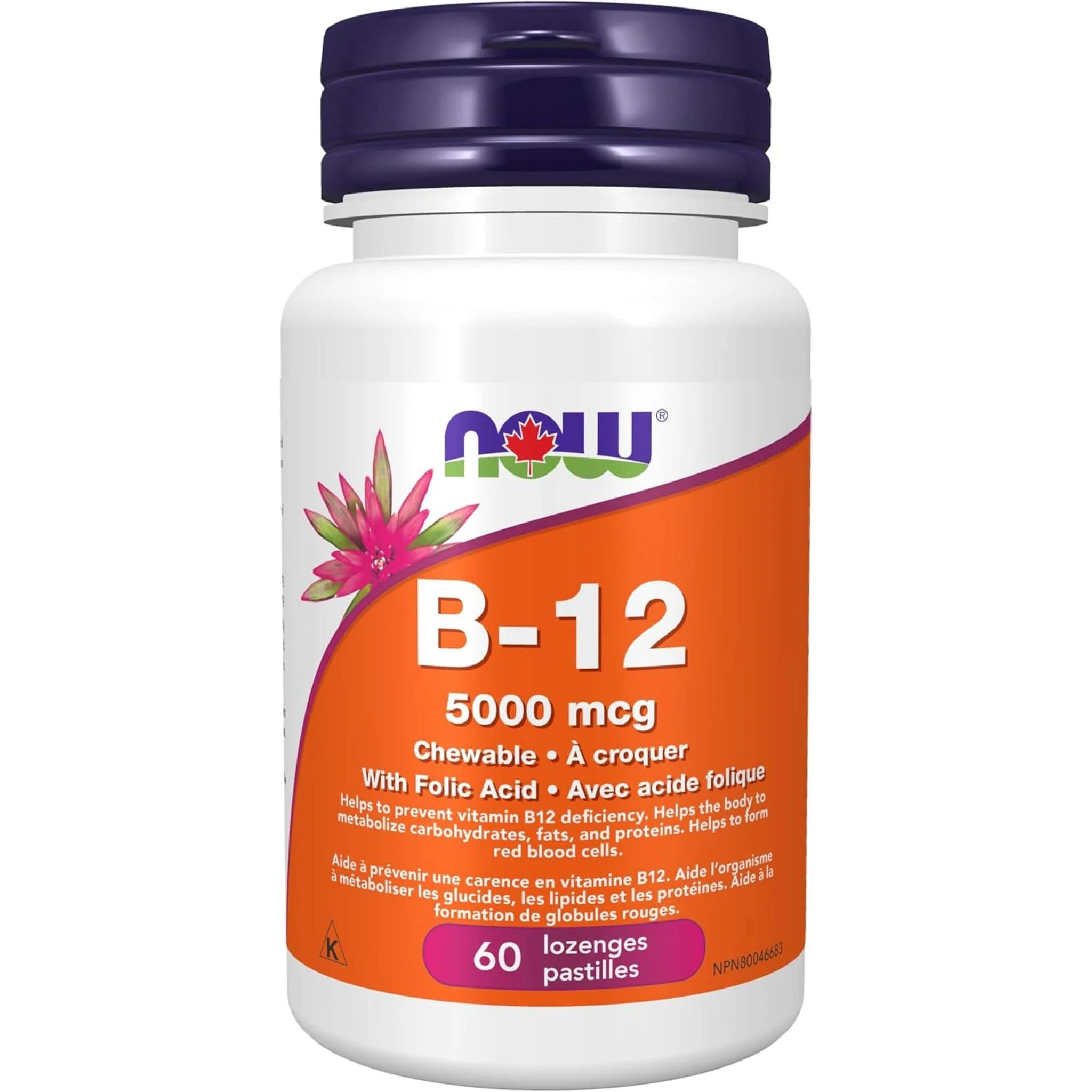 NOW B-12 (Cyanocobalamin) 5000mcg with Folic Acid, 60 Lozenges