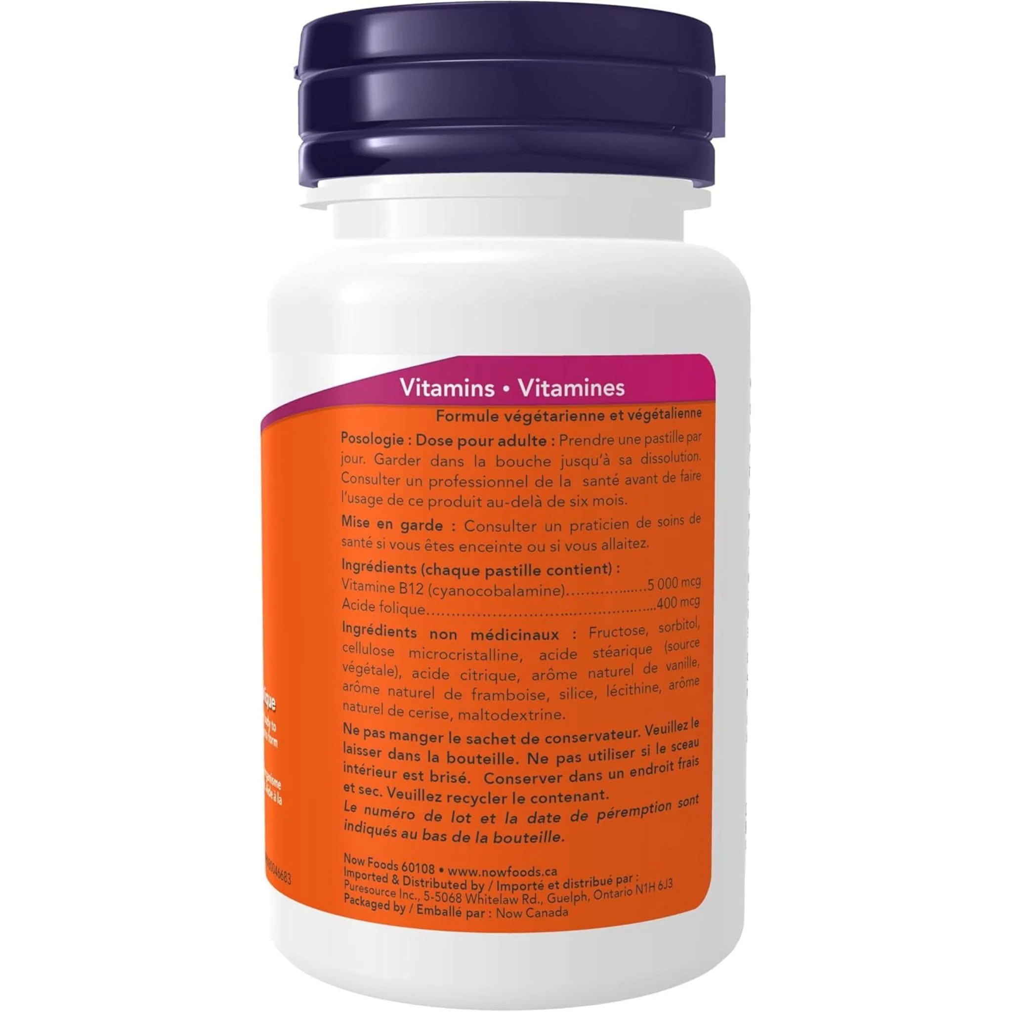 NOW B-12 (Cyanocobalamin) 5000mcg with Folic Acid, 60 Lozenges - Image 3
