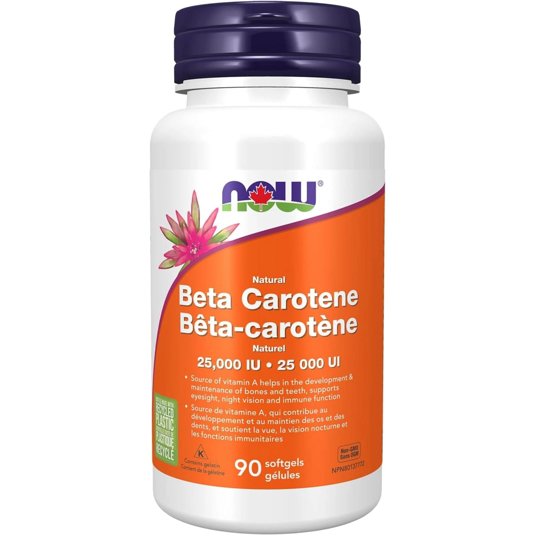 NOW Beta Carotene 25,000IU Natural Pro Vitamin A, 90 Softgels