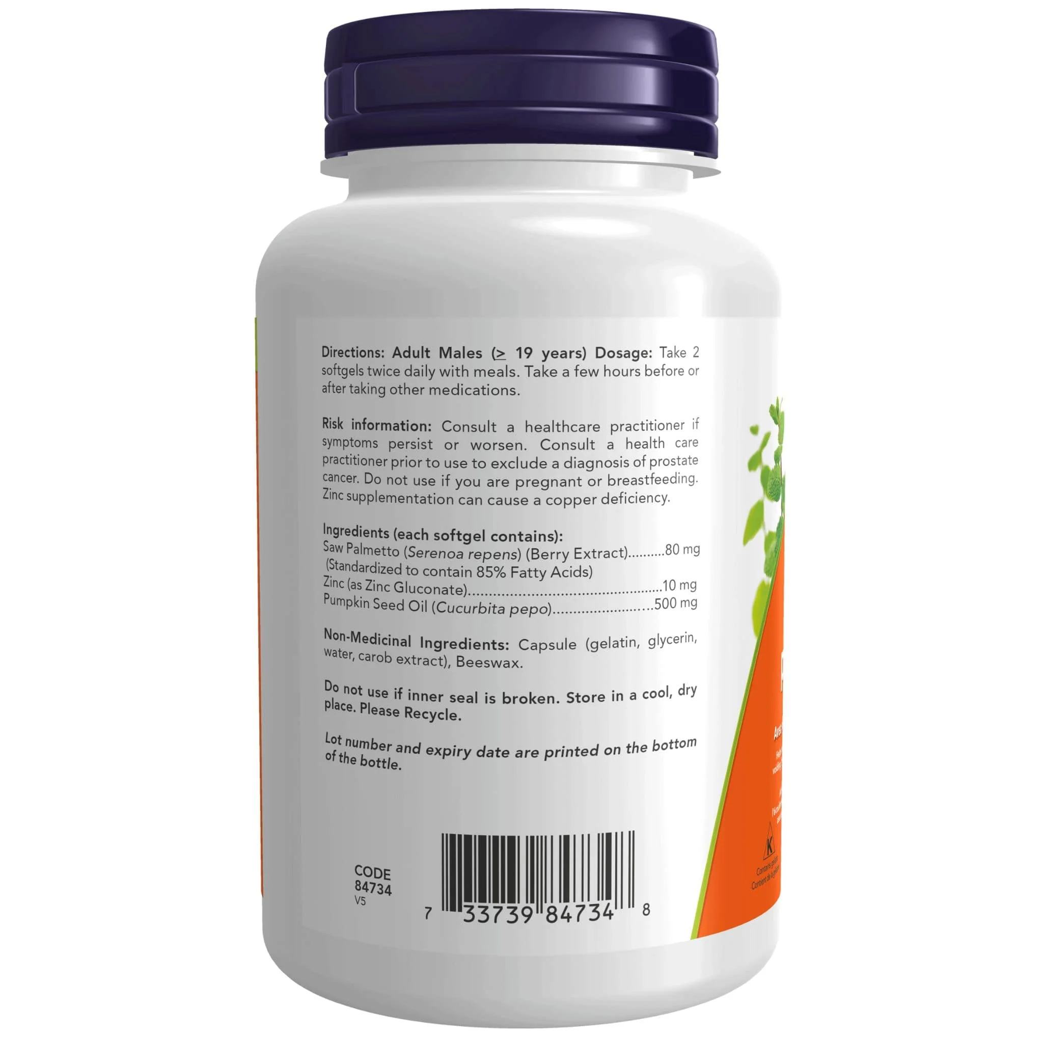 NOW Saw Palmetto Extract 80mg with Pumpkin Seed Oil and Zinc, 90 Softgels - Image 3