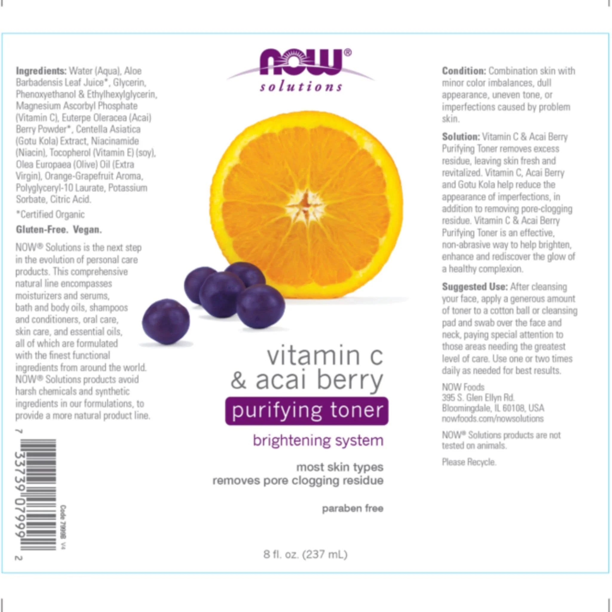 NOW Vitamin C & Acai Purifying Toner, Paraben Free, 237g - Image 5
