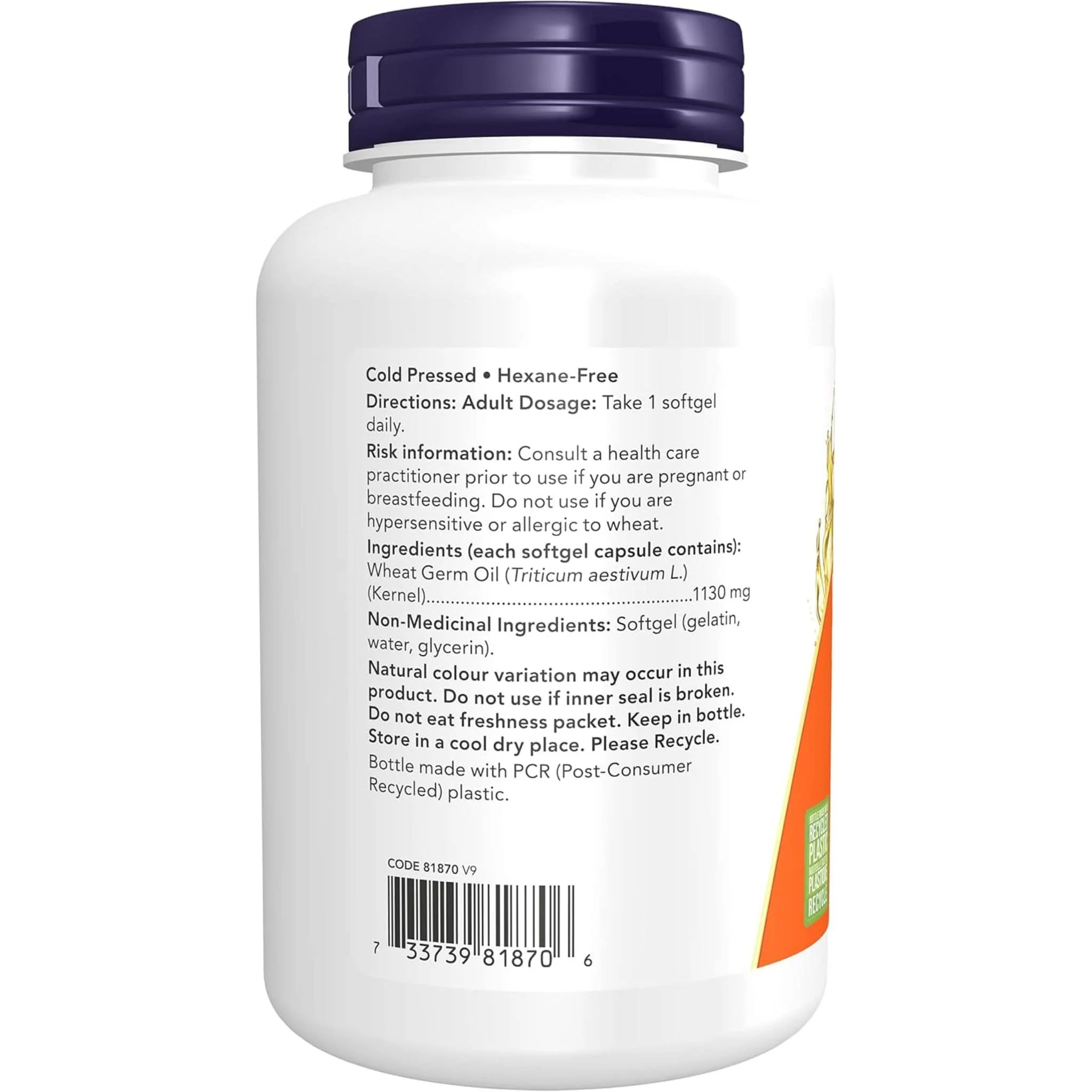 NOW Wheat Germ Oil, 20 Minum, 100 Softgels - Image 2