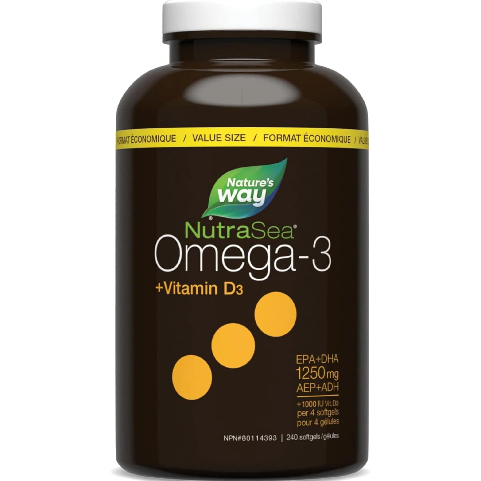 NutraSea+D Omega-3 Plus Vitamin D3, High Potency, No Fishy Aftertaste, 240 Softgels