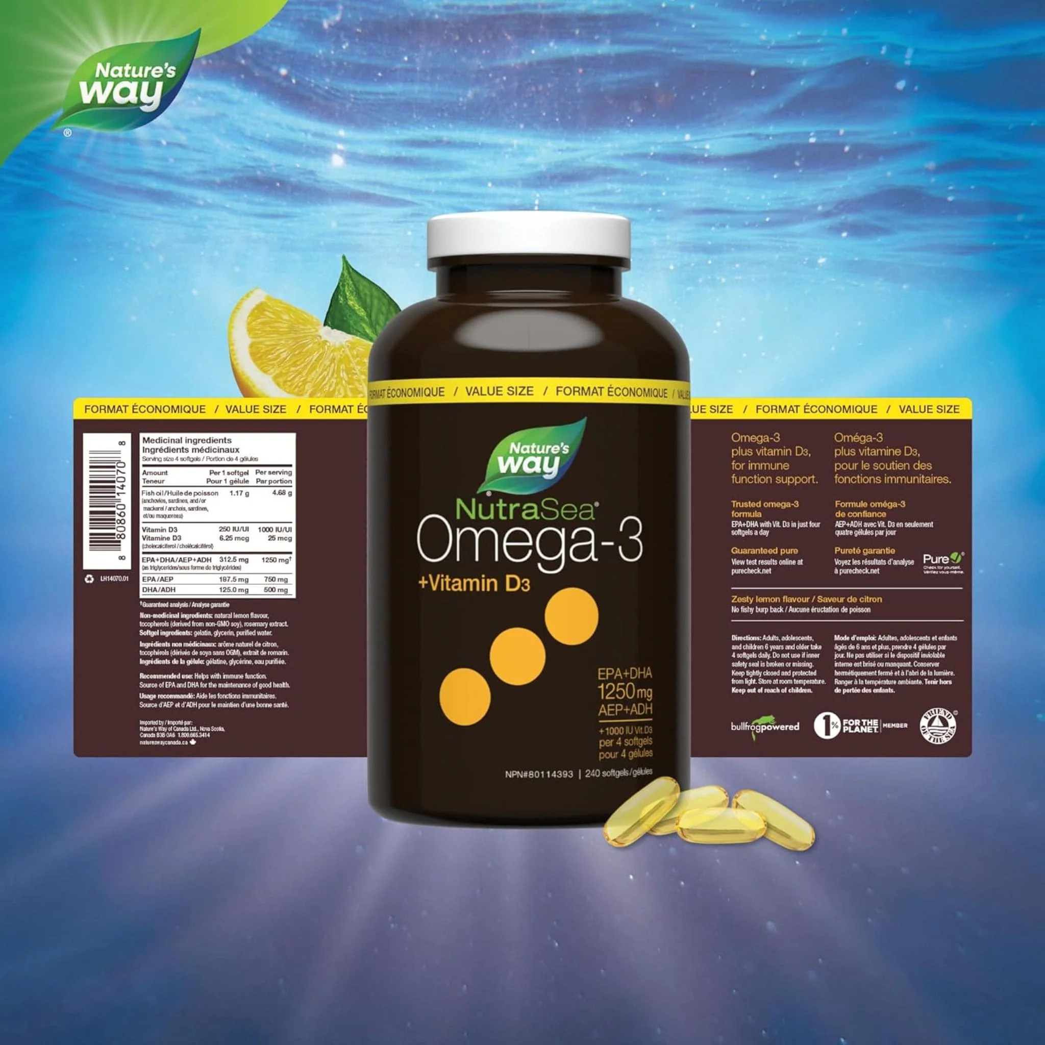 NutraSea+D Omega-3 Plus Vitamin D3, High Potency, No Fishy Aftertaste, 240 Softgels - Image 2