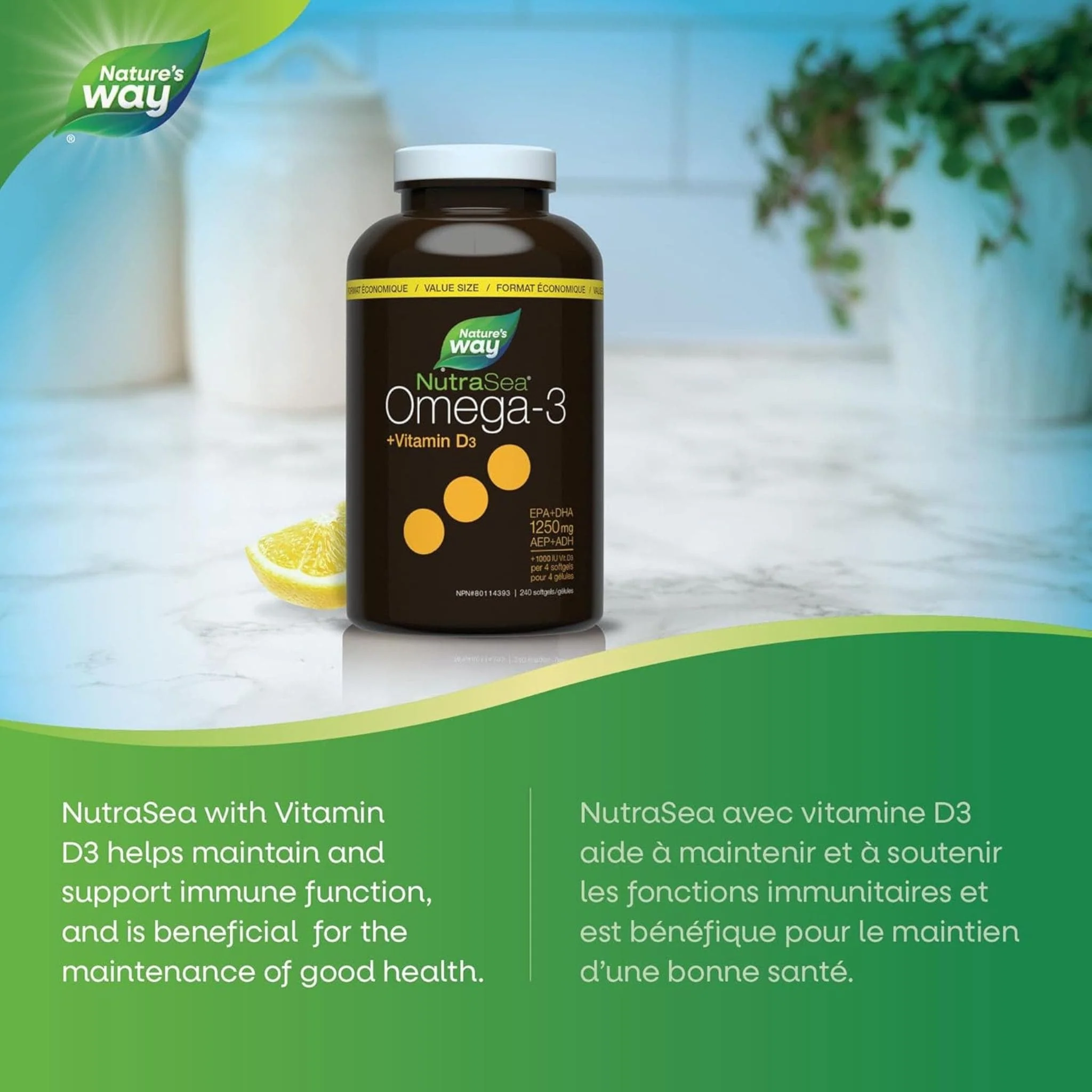 NutraSea+D Omega-3 Plus Vitamin D3, High Potency, No Fishy Aftertaste, 240 Softgels - Image 3