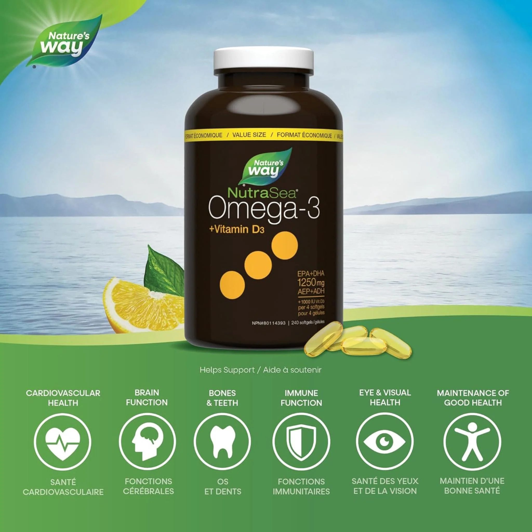 NutraSea+D Omega-3 Plus Vitamin D3, High Potency, No Fishy Aftertaste, 240 Softgels - Image 4