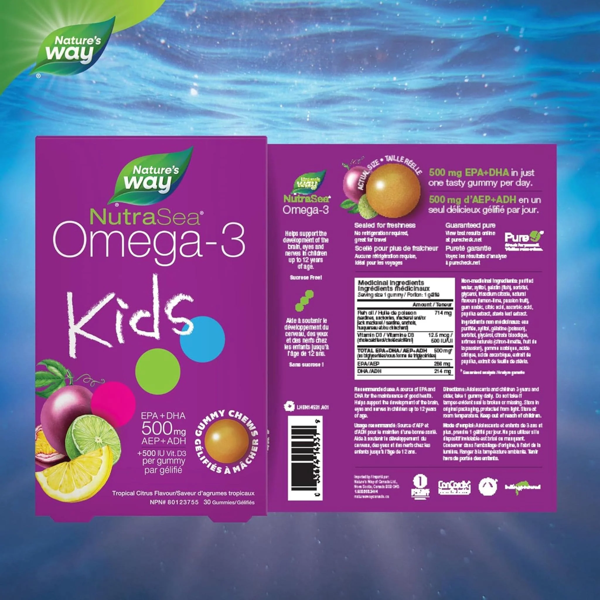 NutraSea Omega 3 For Kids Plus Vitamin D3 Gummy Chews, 500mg EPA and DHA, 30 Gummies - Image 2