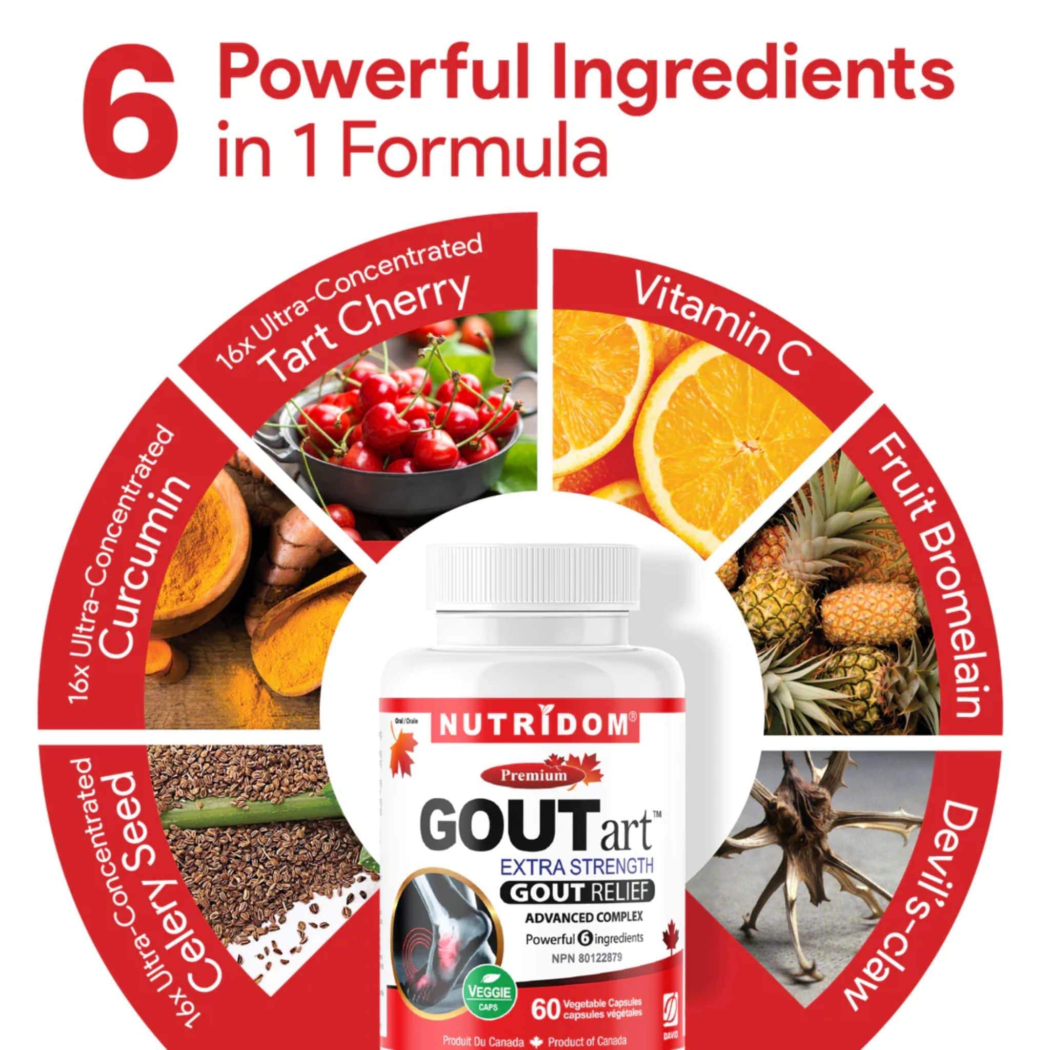 Nutridom GOUTart, Featuring Tart Cherry, Curcumin, Celery Seed, Devil's Claw, Vitamin C and Bromelain, Gout Relief and Anti-Inflammatory Support, 60 Vegetable Capsules - Image 3