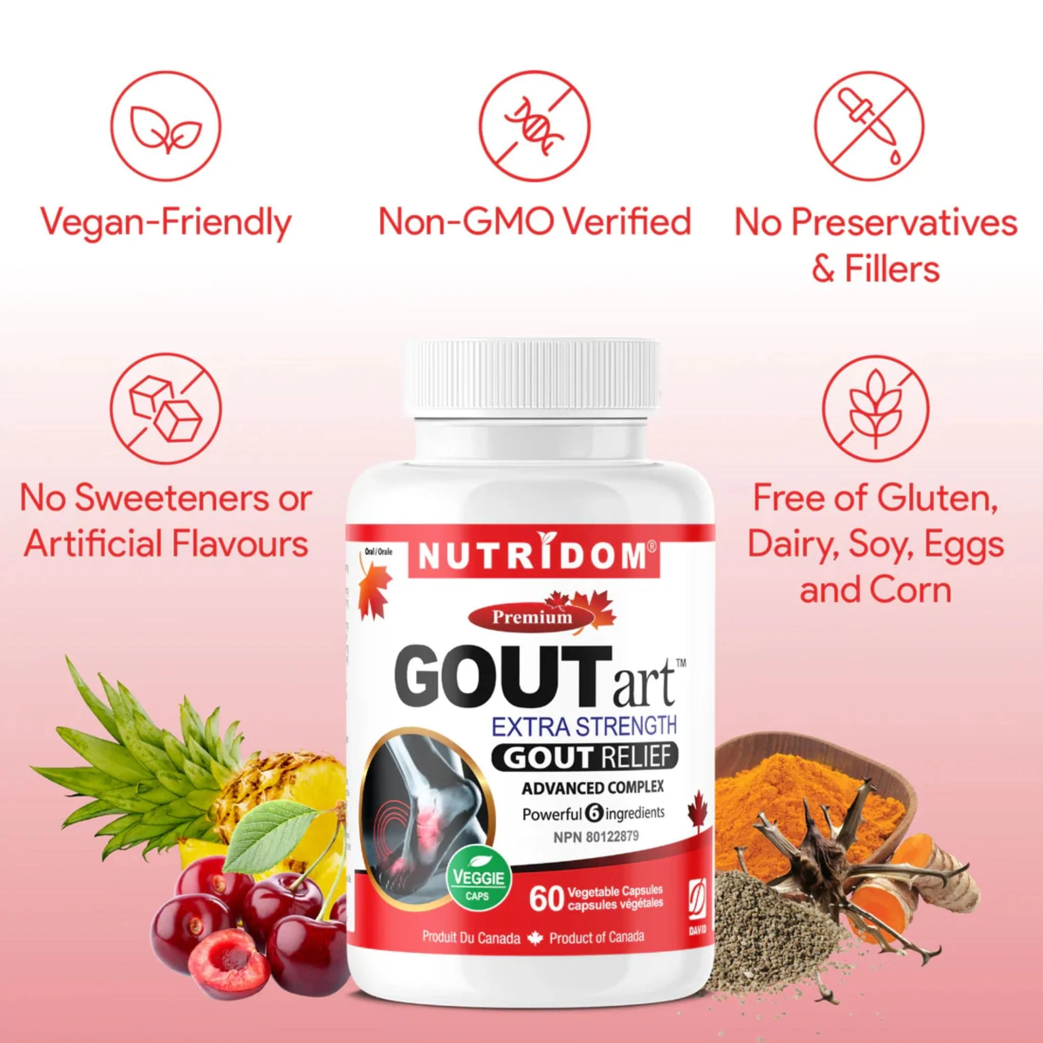 Nutridom GOUTart, Featuring Tart Cherry, Curcumin, Celery Seed, Devil's Claw, Vitamin C and Bromelain, Gout Relief and Anti-Inflammatory Support, 60 Vegetable Capsules - Image 5