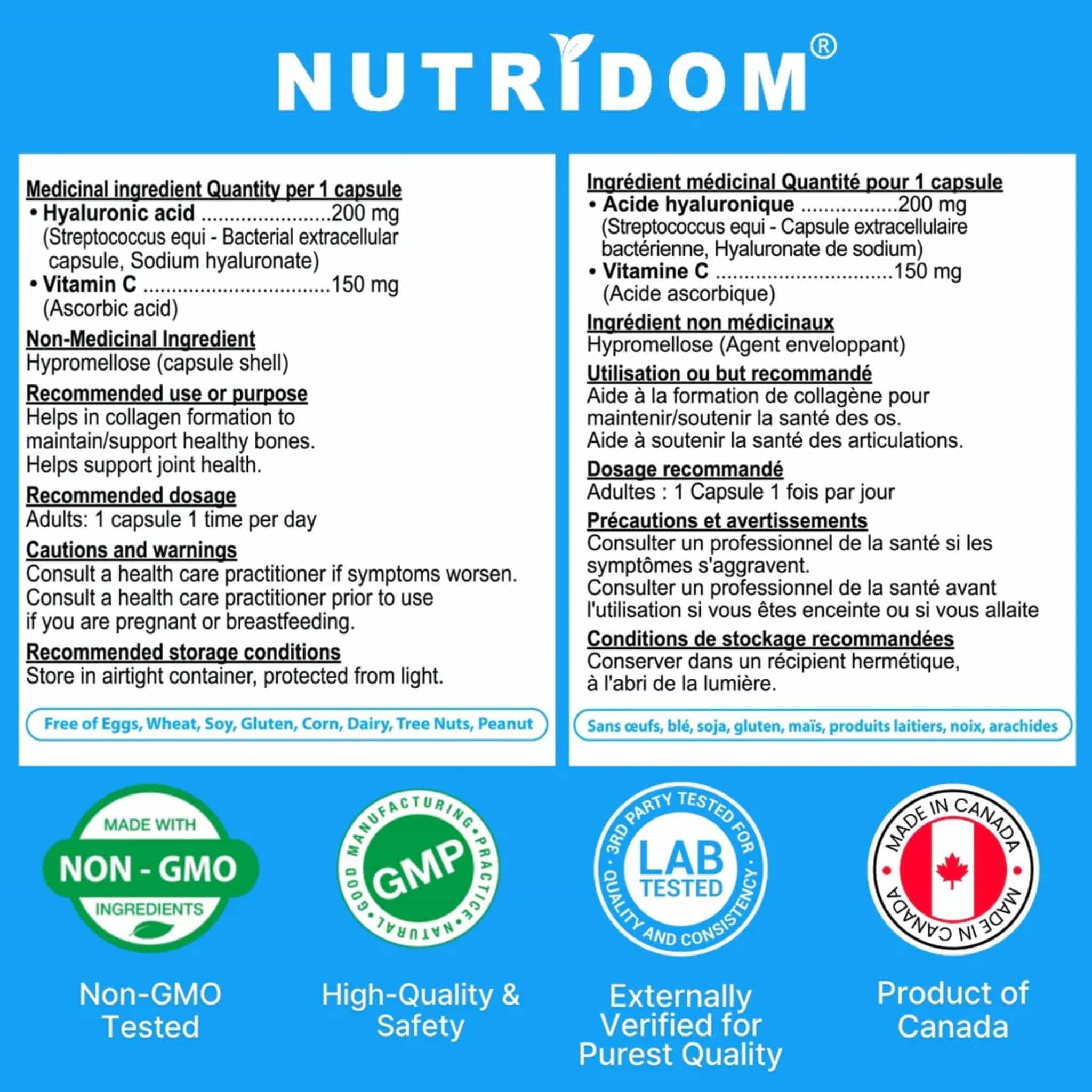 Nutridom Hyaluronic Acid with Vitamin C, Support for Collagen Formation, 60 Vegetable Capsules - Image 5