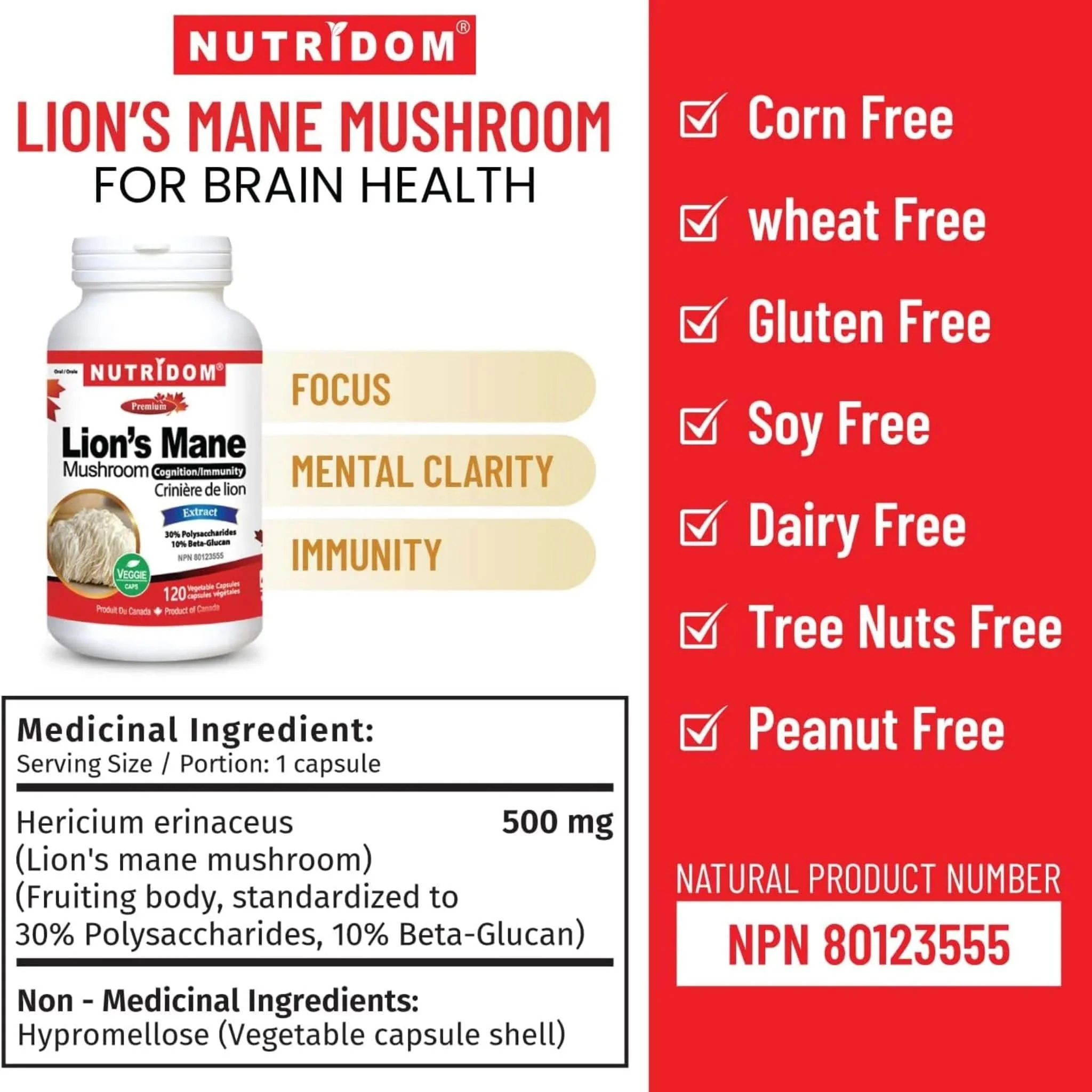 Nutridom Lion's Mane Mushroom, 120 Vegetable Capsules - Image 6