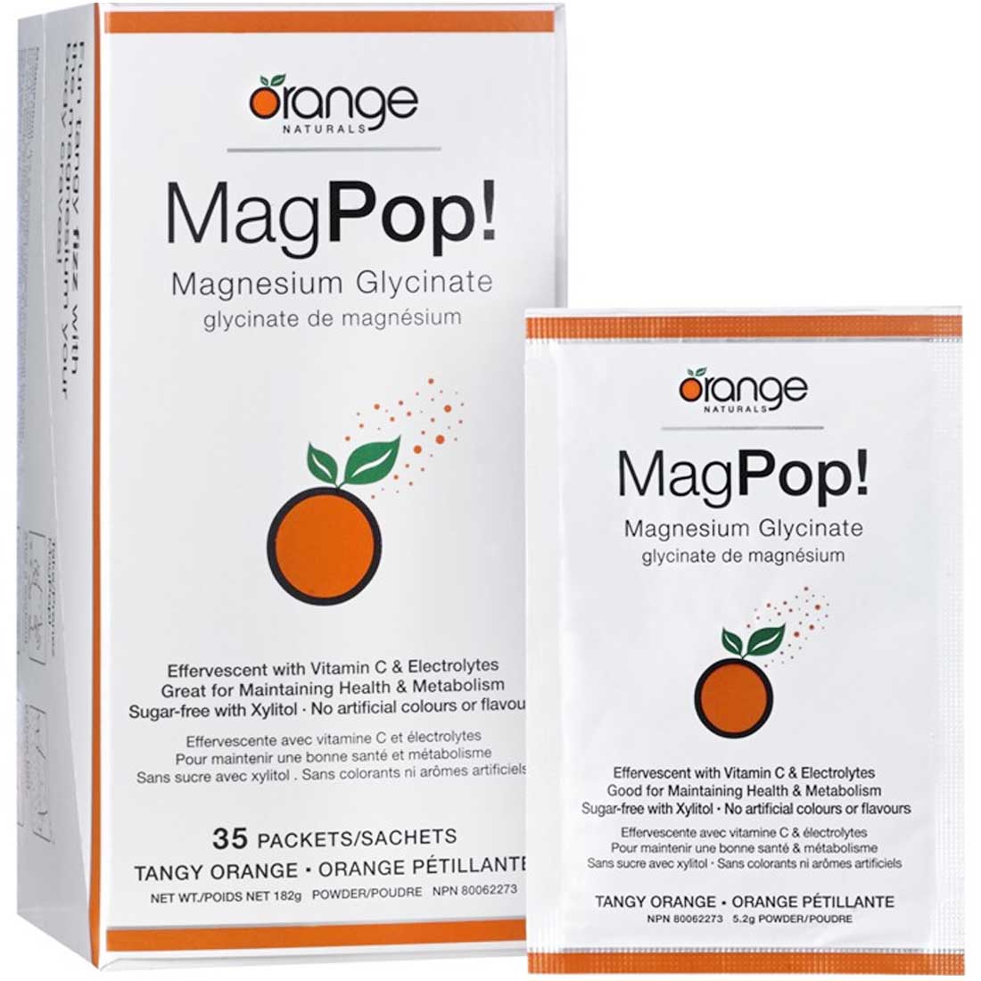 Orange Naturals MagPop! Magnesium Glycinate 100mg Effervescent Drink Mix with Vitamnin C, 35 Packets - Image 2