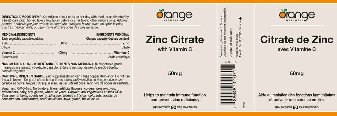 Orange Naturals Zinc Citrate 50mg with Vitamin C, 90 Capsules - Image 2
