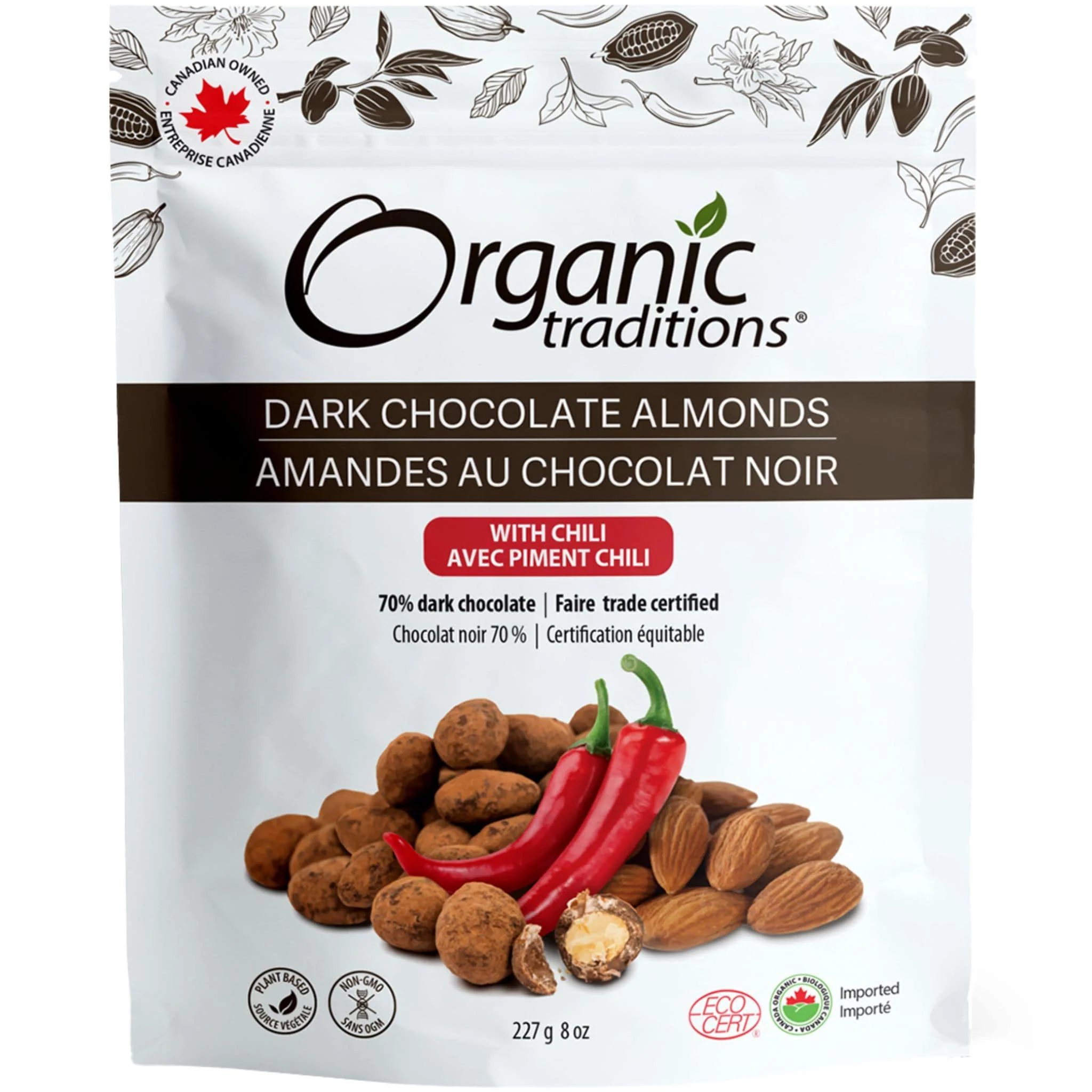 Organic Traditions Organic Dark Chocolate Covered Almonds with Chili, 70% Rich Dark Chocolate, No Sugar or Sweetener Added, Gluten-Free, Dairy–Free, Vegan, Non-GMO, Raw 227g