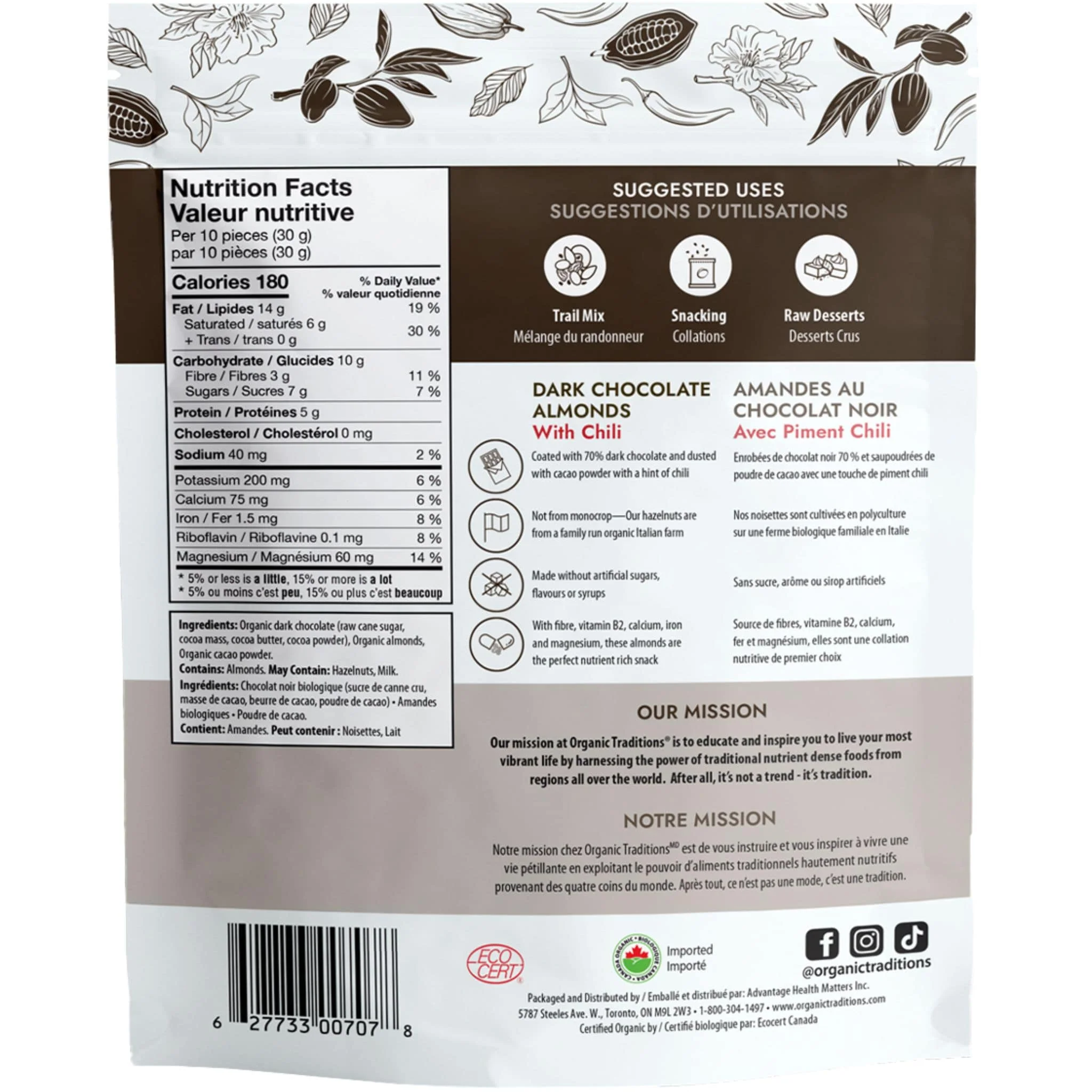 Organic Traditions Organic Dark Chocolate Covered Almonds with Chili, 70% Rich Dark Chocolate, No Sugar or Sweetener Added, Gluten-Free, Dairy–Free, Vegan, Non-GMO, Raw 227g - Image 2