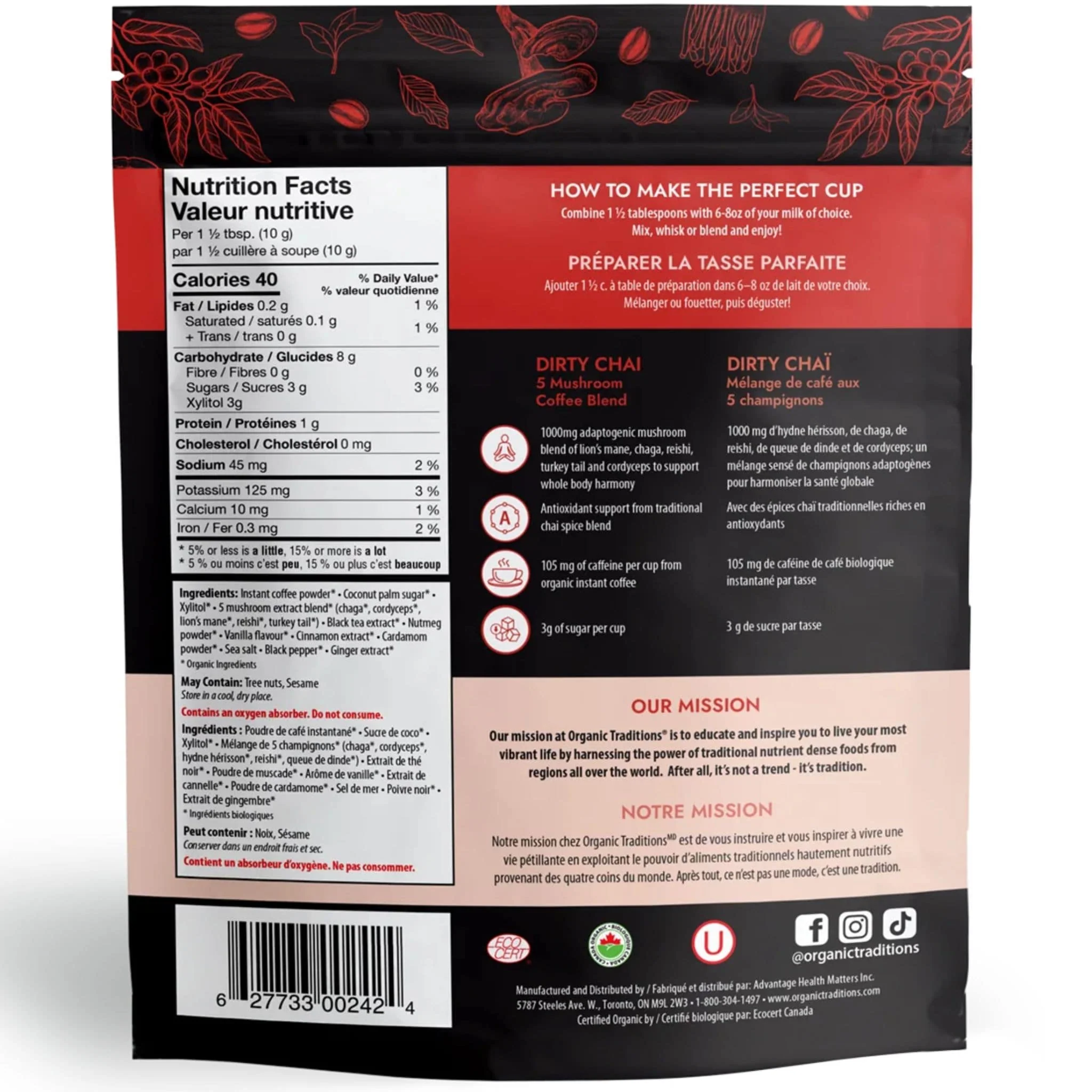 Organic Traditions Dirty Chai, 5 Mushroom Coffee Blend, 100g - Image 2