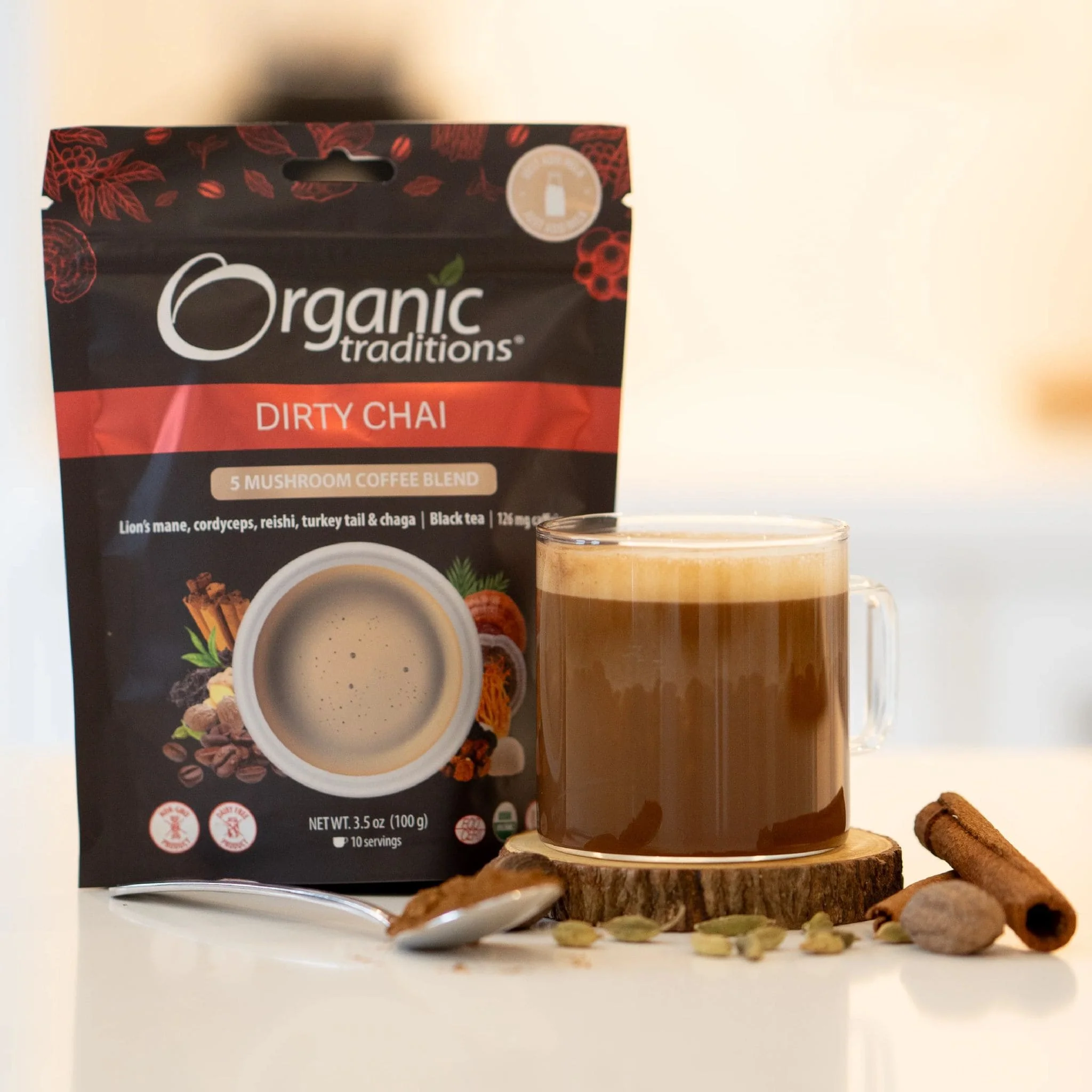 Organic Traditions Dirty Chai, 5 Mushroom Coffee Blend, 100g - Image 3