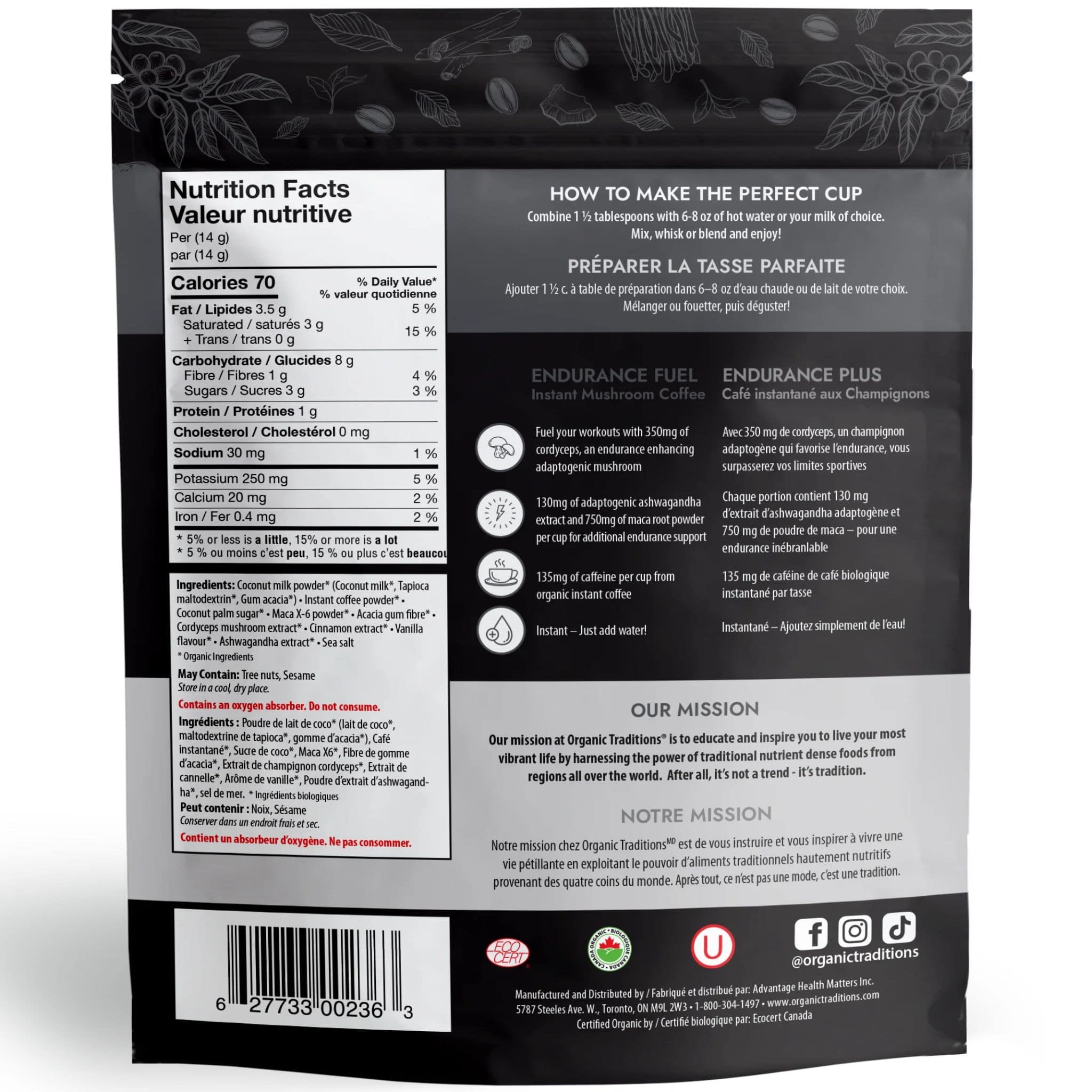 Organic Traditions Endurance Fuel, Instant Mushroom Coffee with Cordyceps, 140g - Image 2