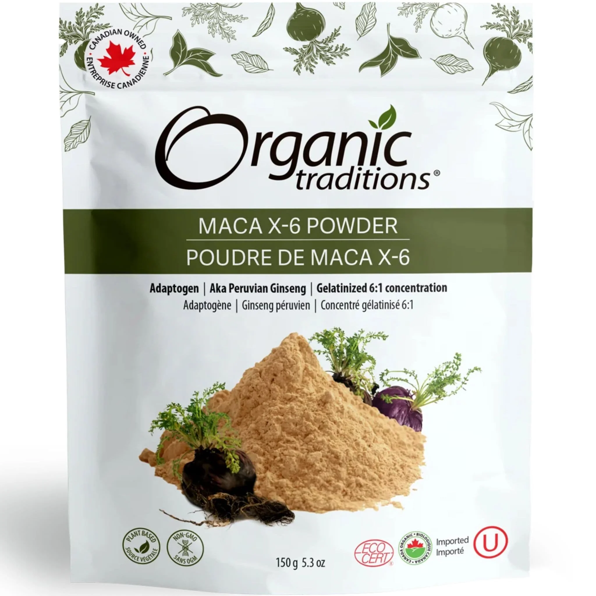Organic Traditions Maca X-6 Powder, 6:1 Raw Organic Gelatinized Peruvian Concentrated 80% Black Maca, 15% Red-Purple Maca, 5% Yellow Maca, 150g