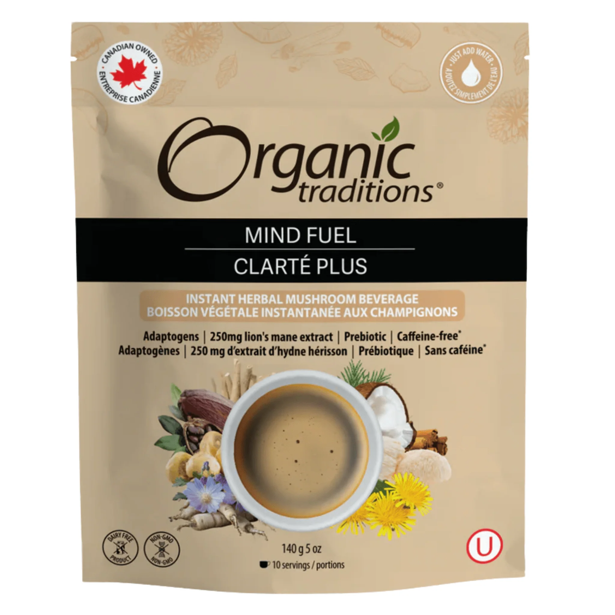 Organic Traditions Mind Fuel, 250mg Lion's Main Extract, Caffeine Free Coffee Alternative with Prebiotic and Adaptogens, 140g