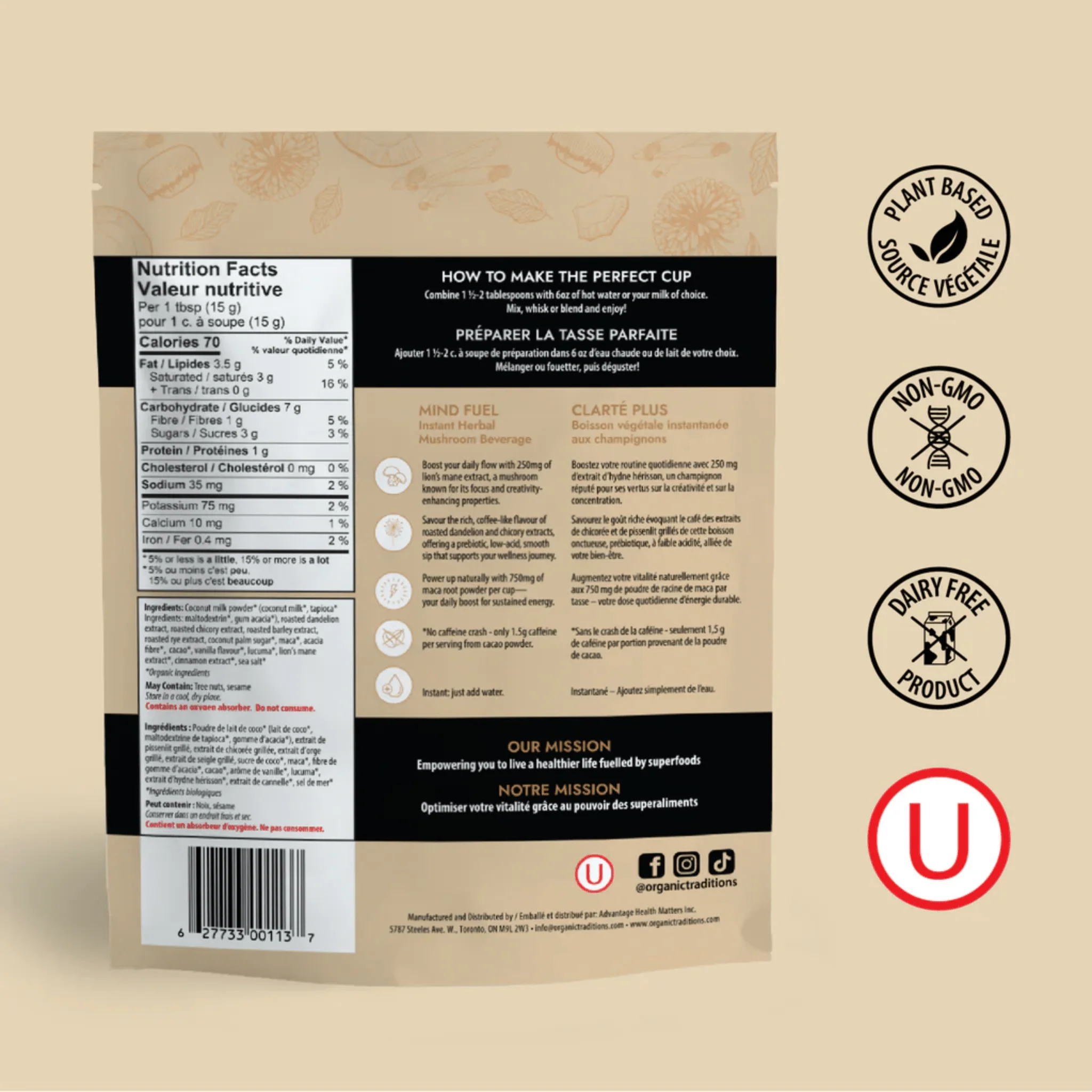 Organic Traditions Mind Fuel, 250mg Lion's Main Extract, Caffeine Free Coffee Alternative with Prebiotic and Adaptogens, 140g - Image 5