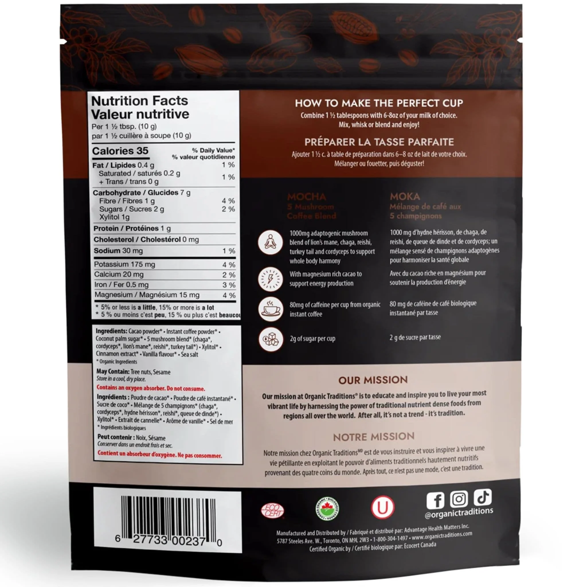 Organic Traditions Mocha, 5 Mushroom Coffee Blend, 100g - Image 2
