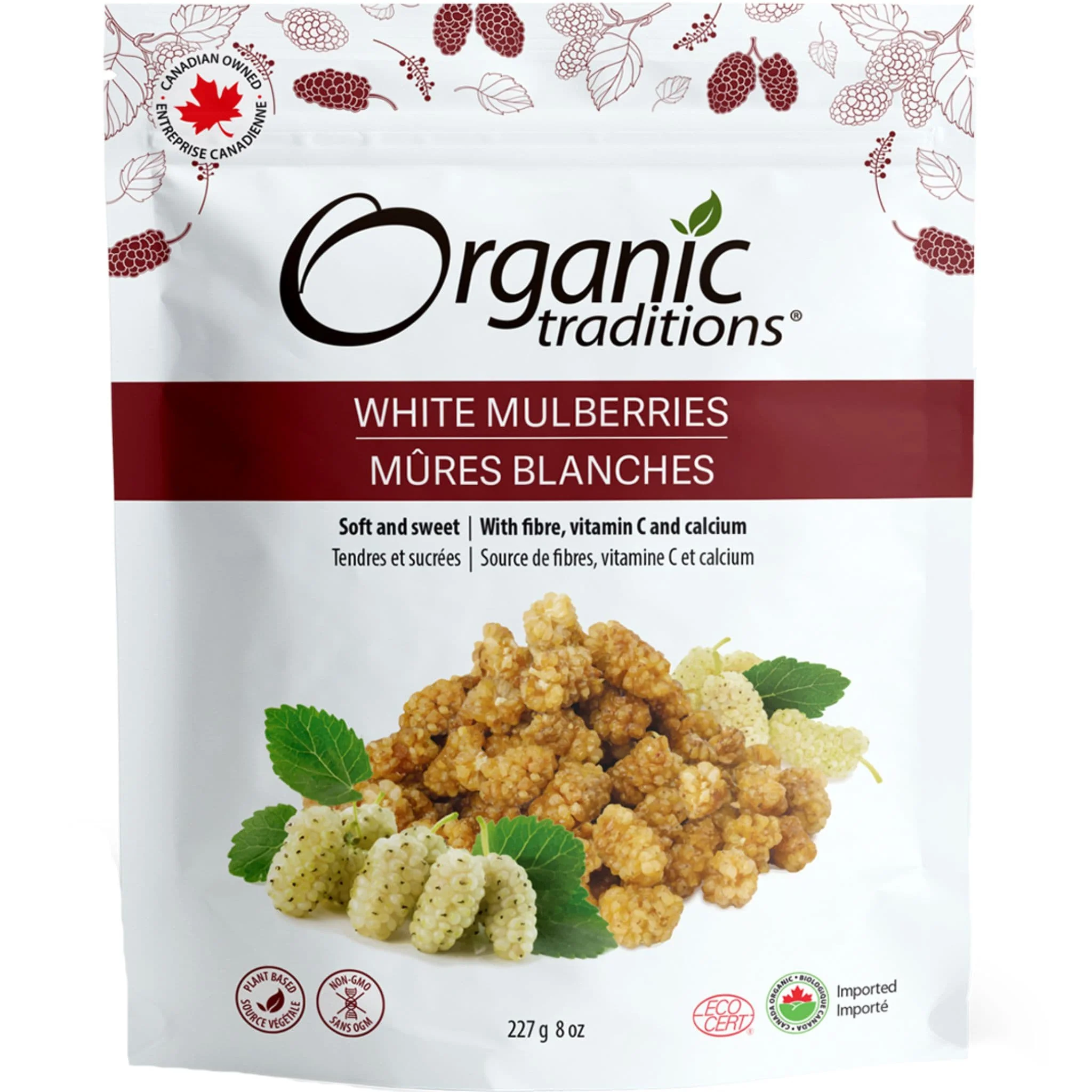 Organic Traditions White Mulberries, Dried, Chewy and Very Sweet, 227g